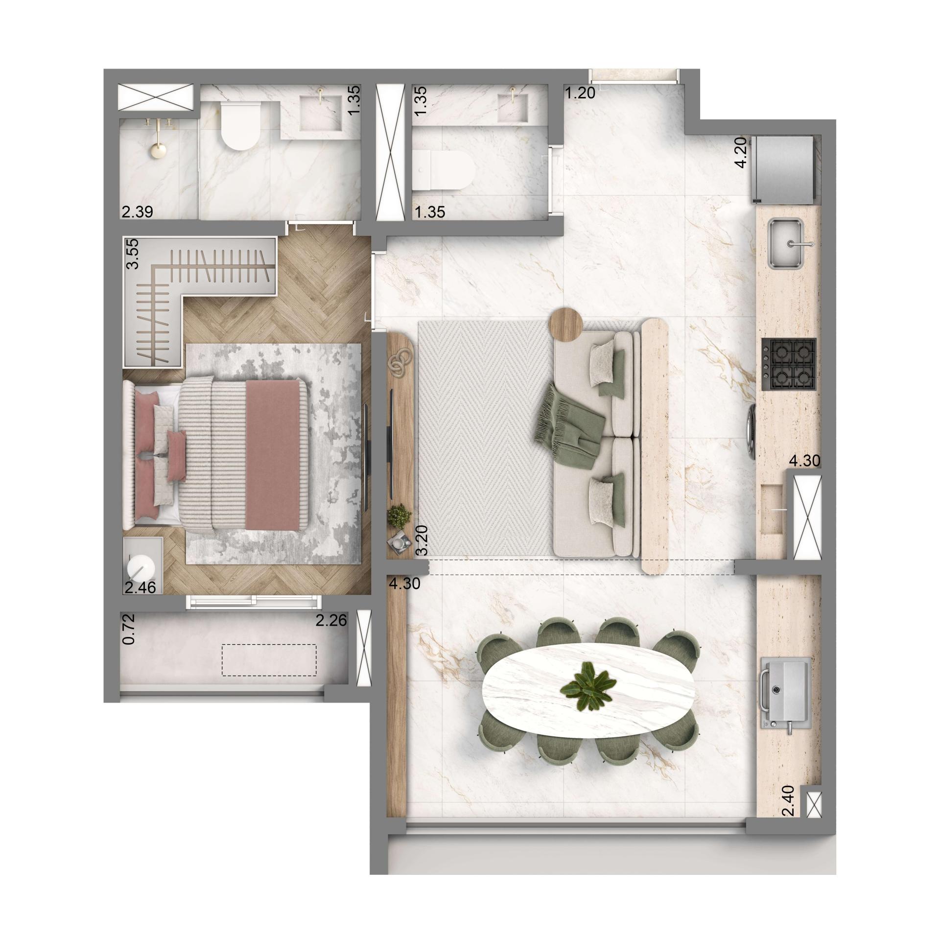 Planta Padrão 48m² | 1 Suíte | 1 Vaga