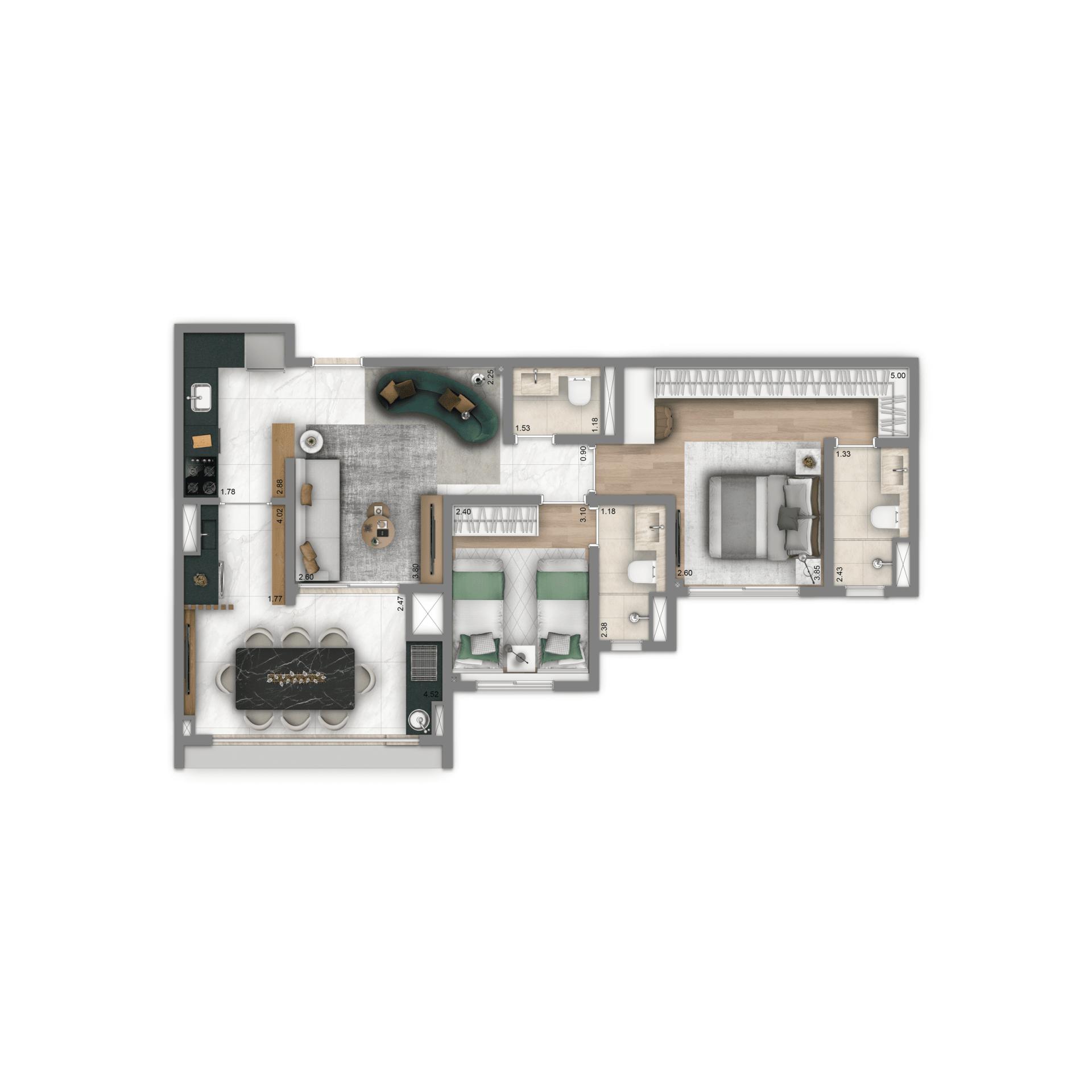 Planta Tipo 71 m² |  2 dorms. | 2 suítes