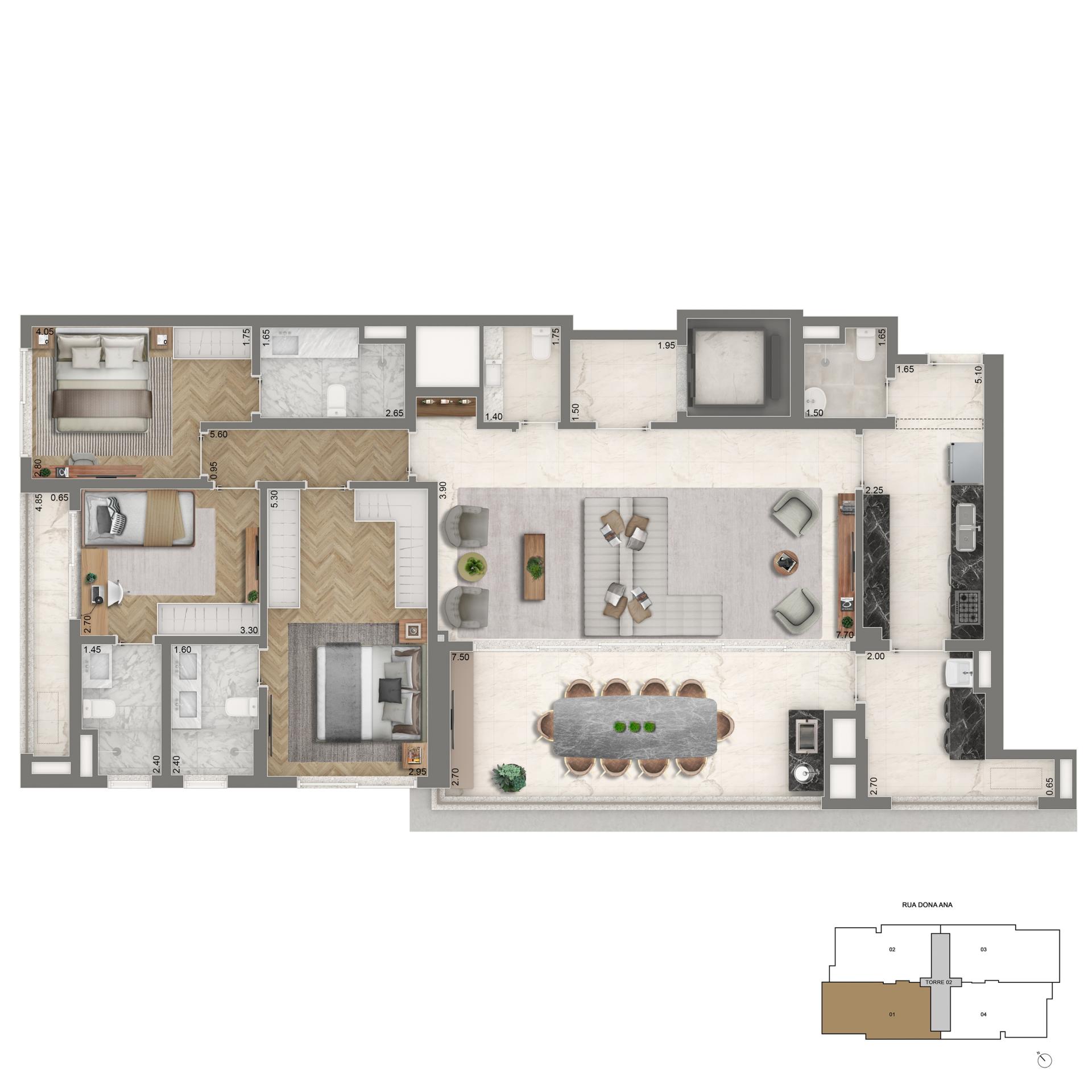 Planta Opção 3 Suítes + Sala Ampliada | 155m²