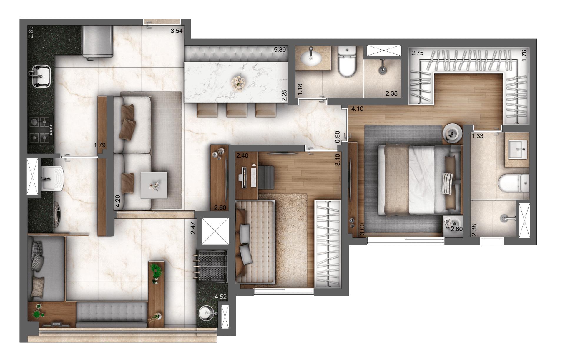 Planta Tipo 67m² | 2 dorms. | 1 suíte
