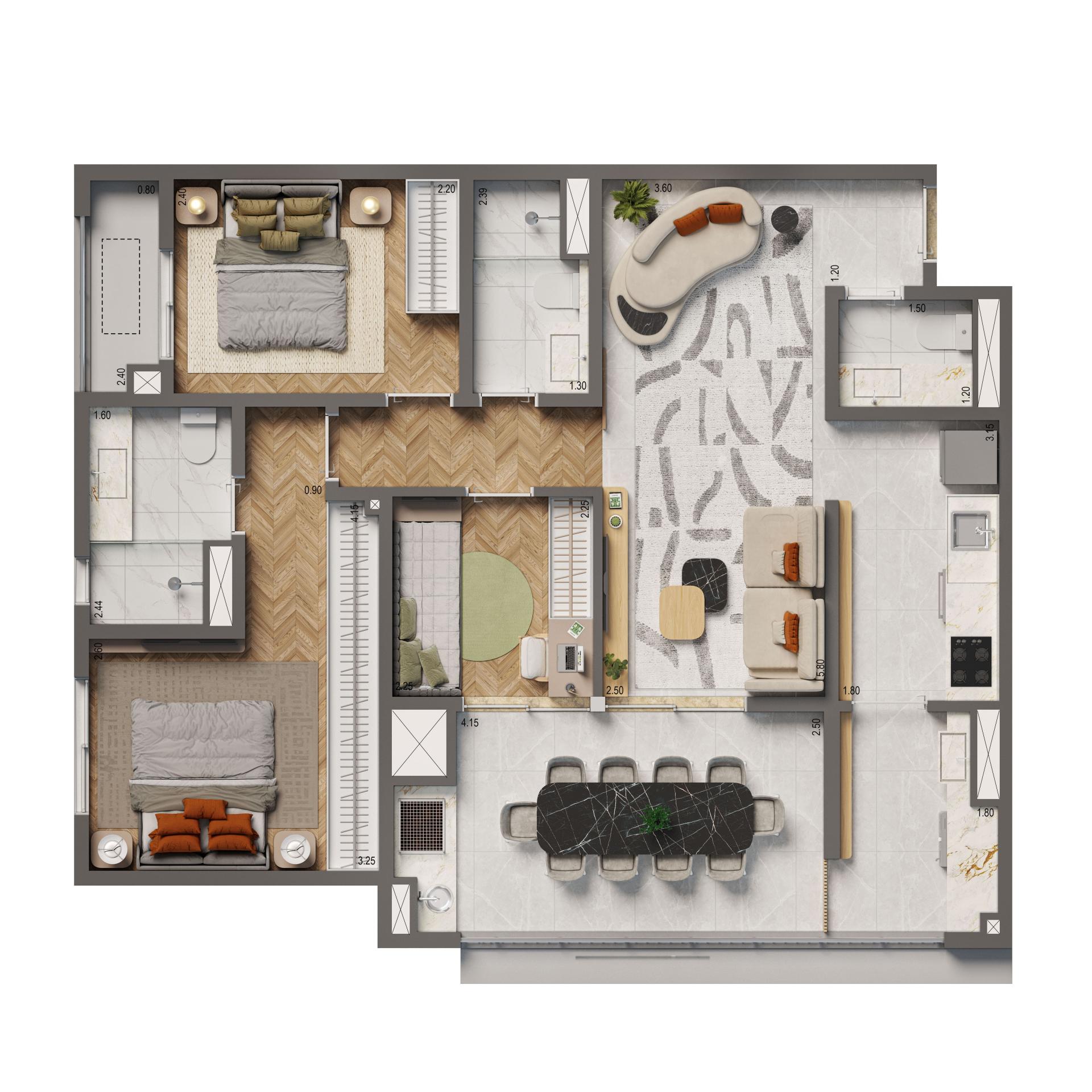 Planta Opção 86m² | 2 dorms. | 1 suíte