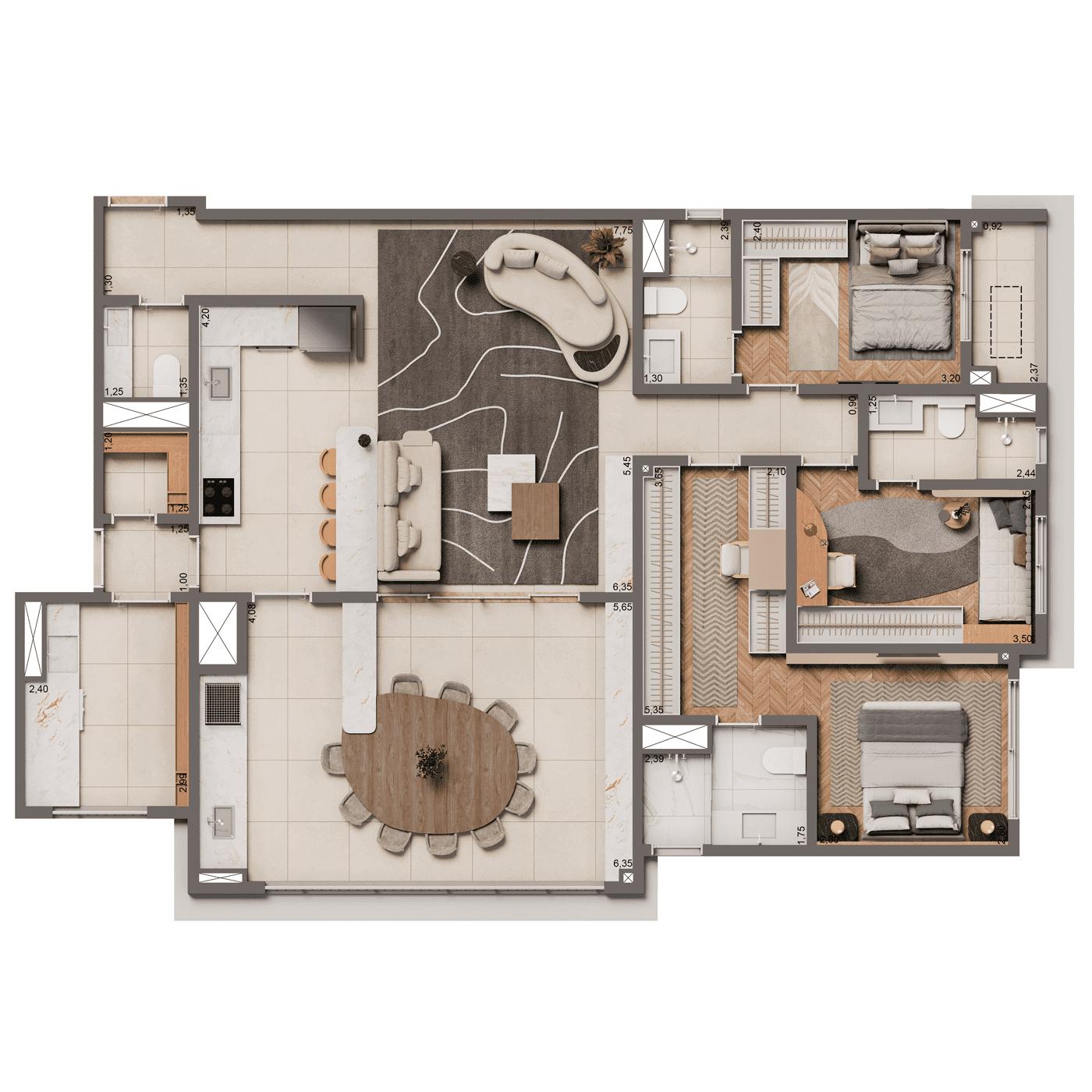 Planta Padrão de 135m² | 3 Suítes