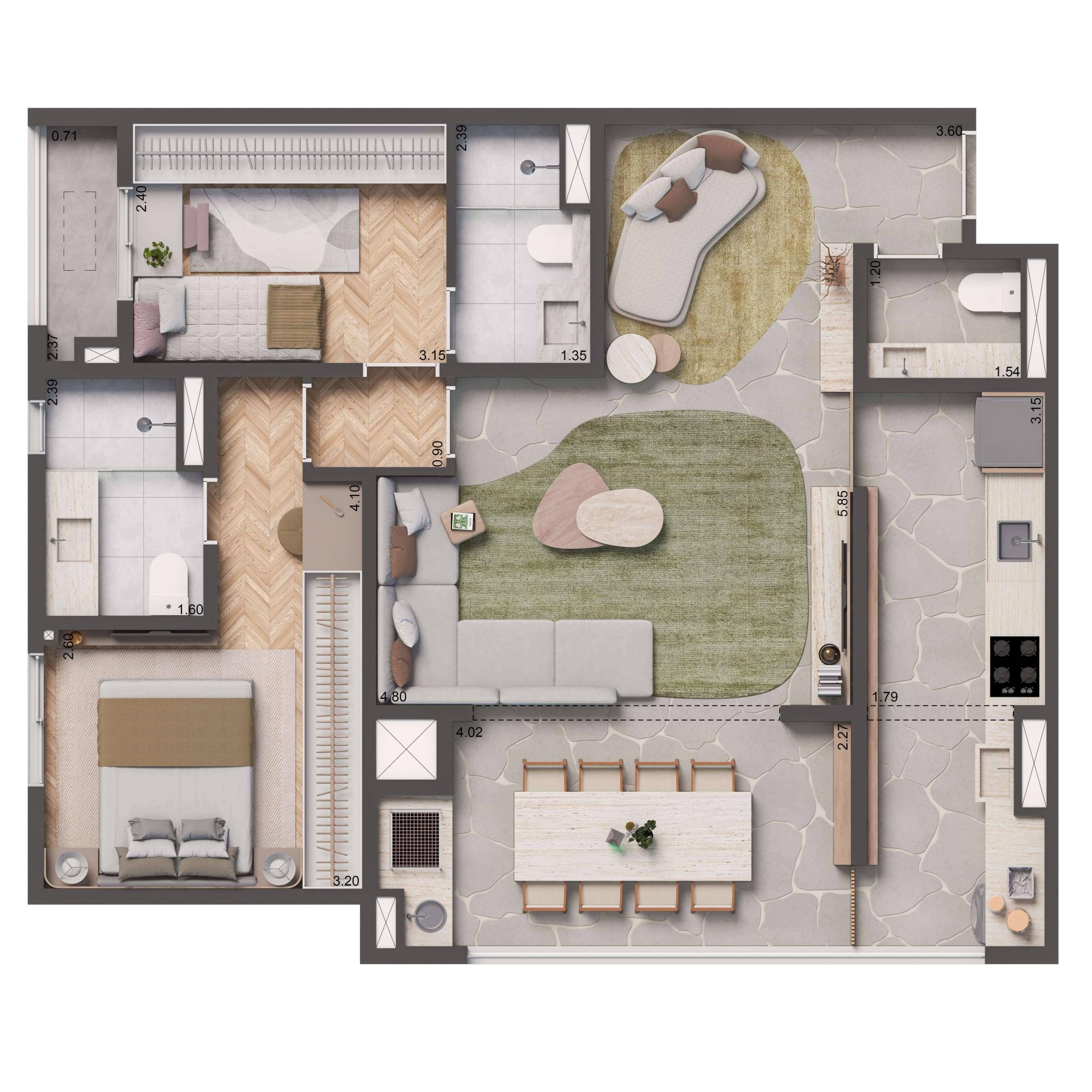 Planta Padrão 84m² | 2 suítes