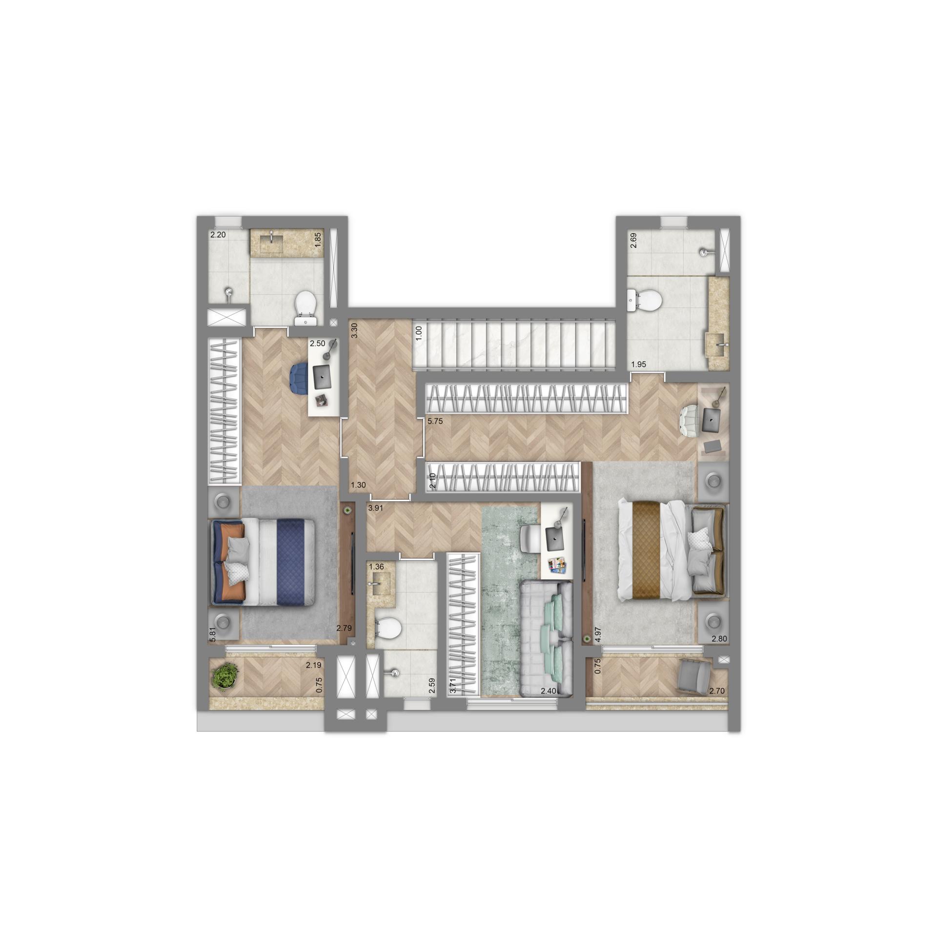 Planta Townhouse Superior 157 m² | 3 dorms | 3 suítes