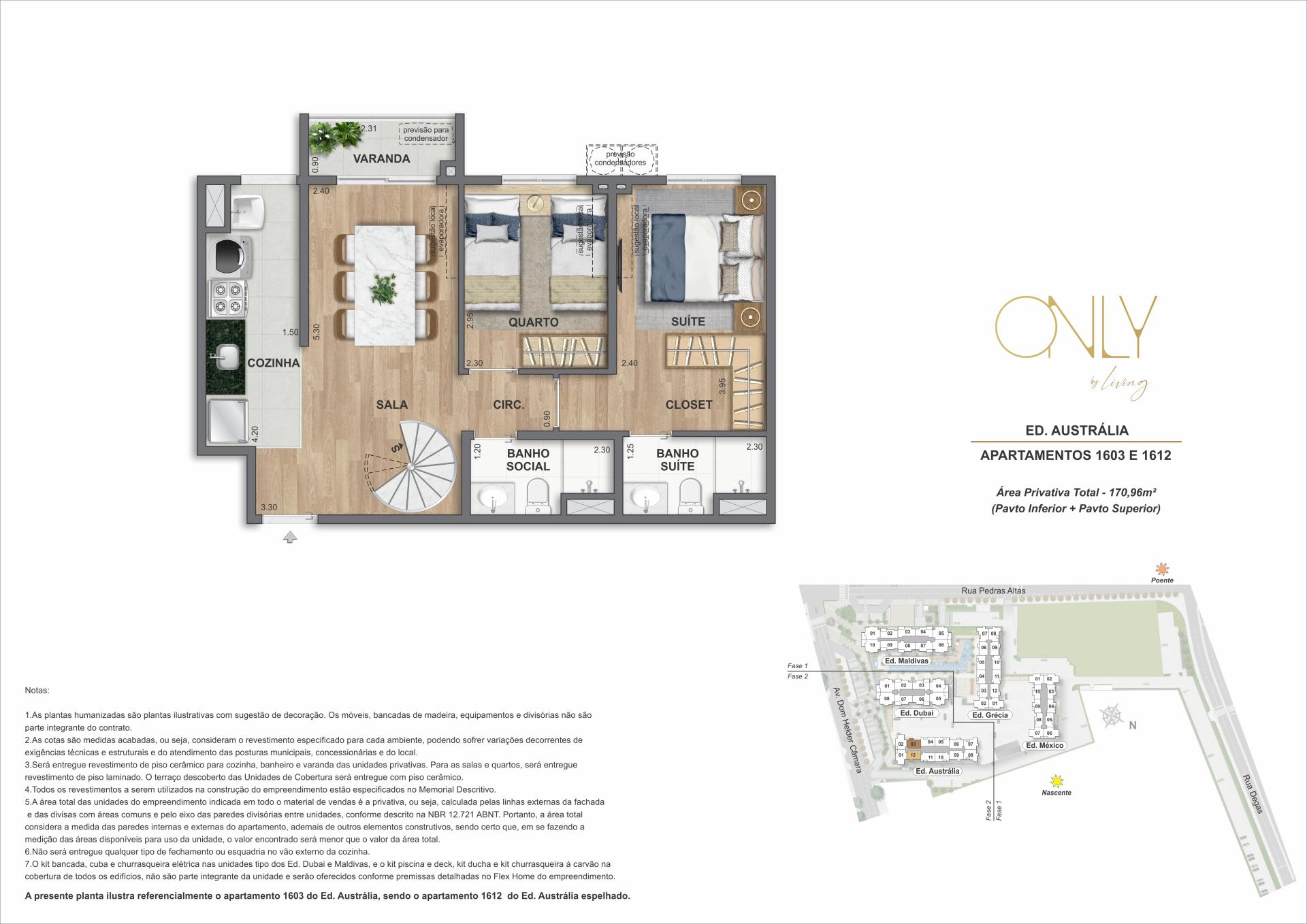 Cobertura Duplex 3 Quartos com Suíte - Pav. Inferior - Área privativa total: 170,96m²