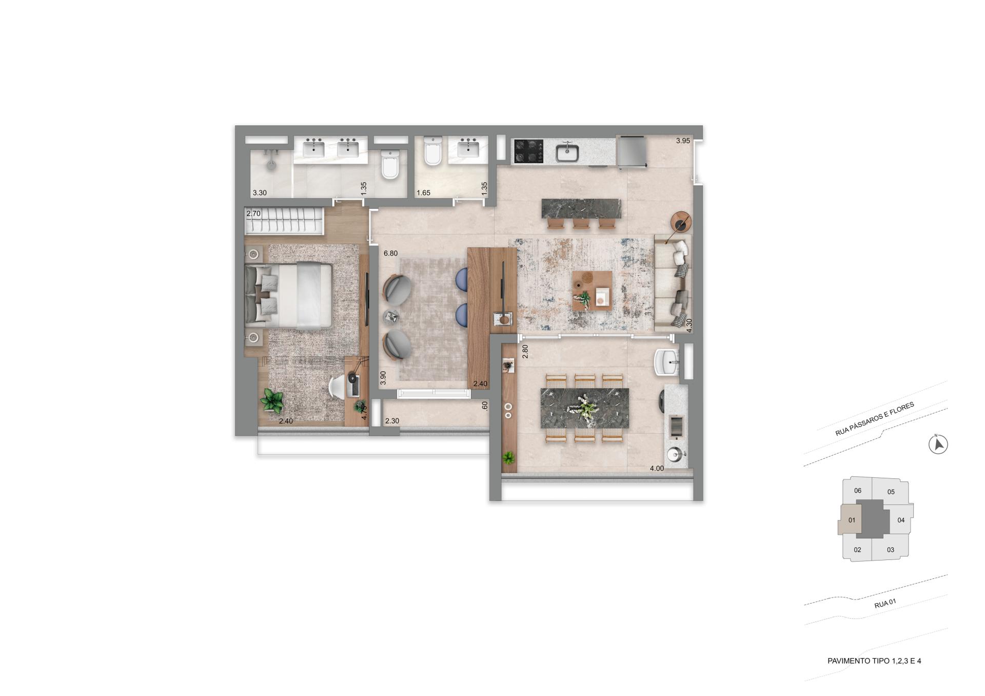 Planta Opção 70 m² l 1 Suíte Master