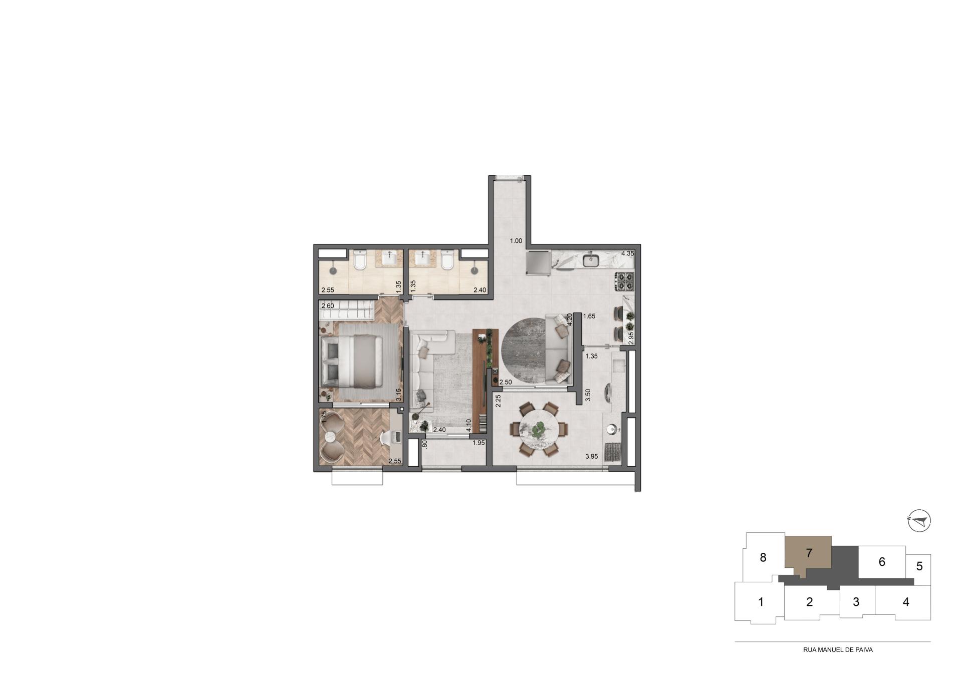 Planta Opção 70 m²  | 1 Suíte