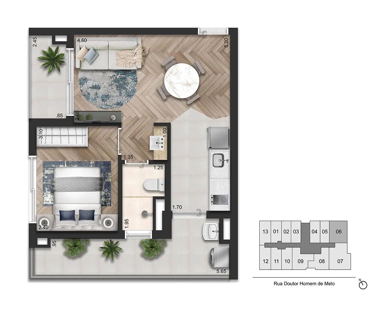 Planta-tipo 44 m² | 1 Dorm.