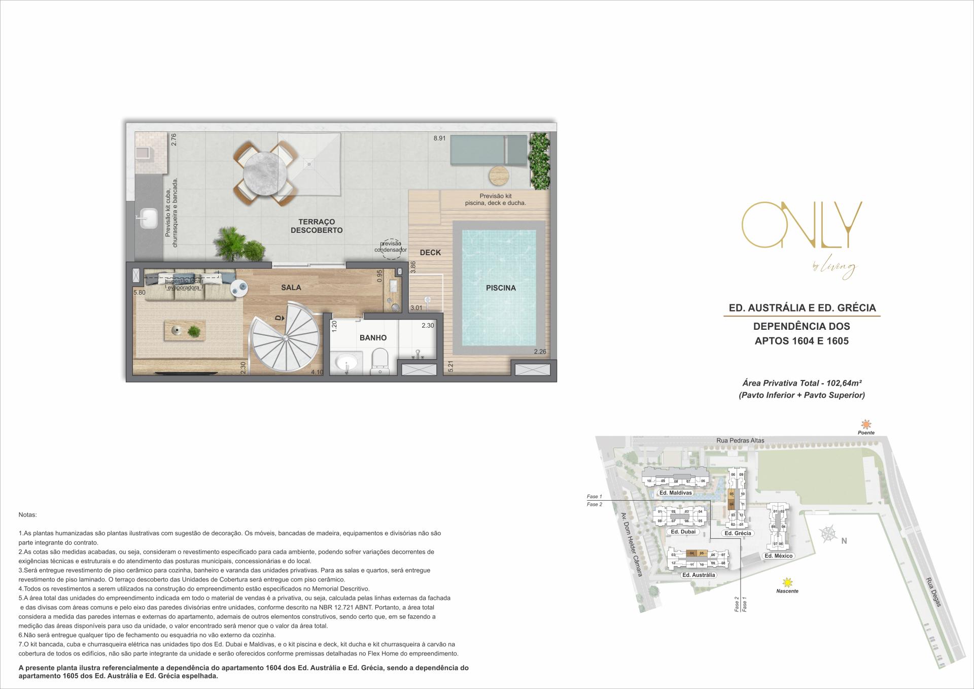 Cobertura Duplex 2 Quartos - Pav. Superior - Área privativa total: 102,64m²