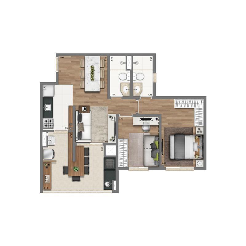 Planta Padrão 63m² | 2 dorms. | 1 suíte