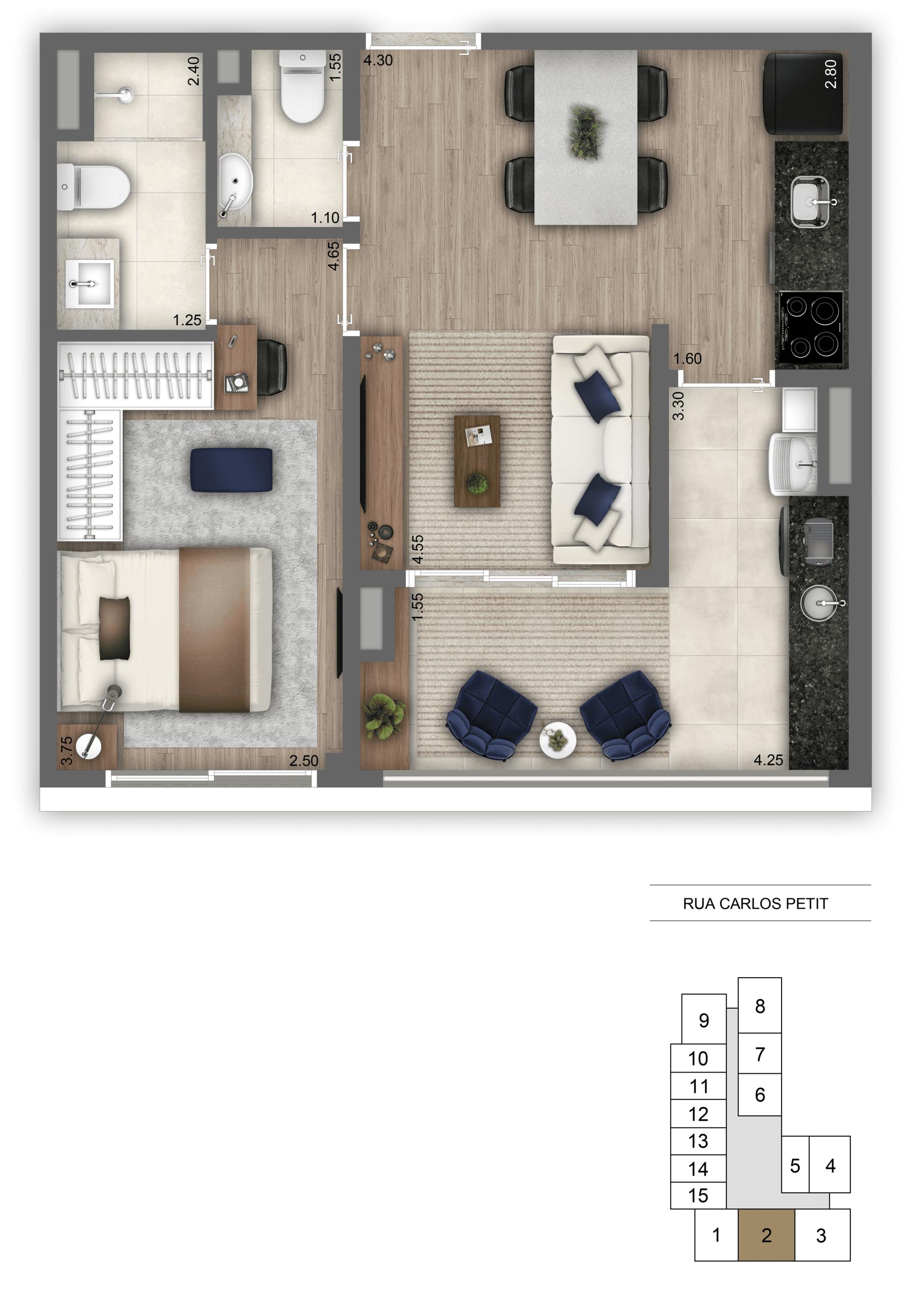 Planta-tipo 47 m² | 1 Dorm.