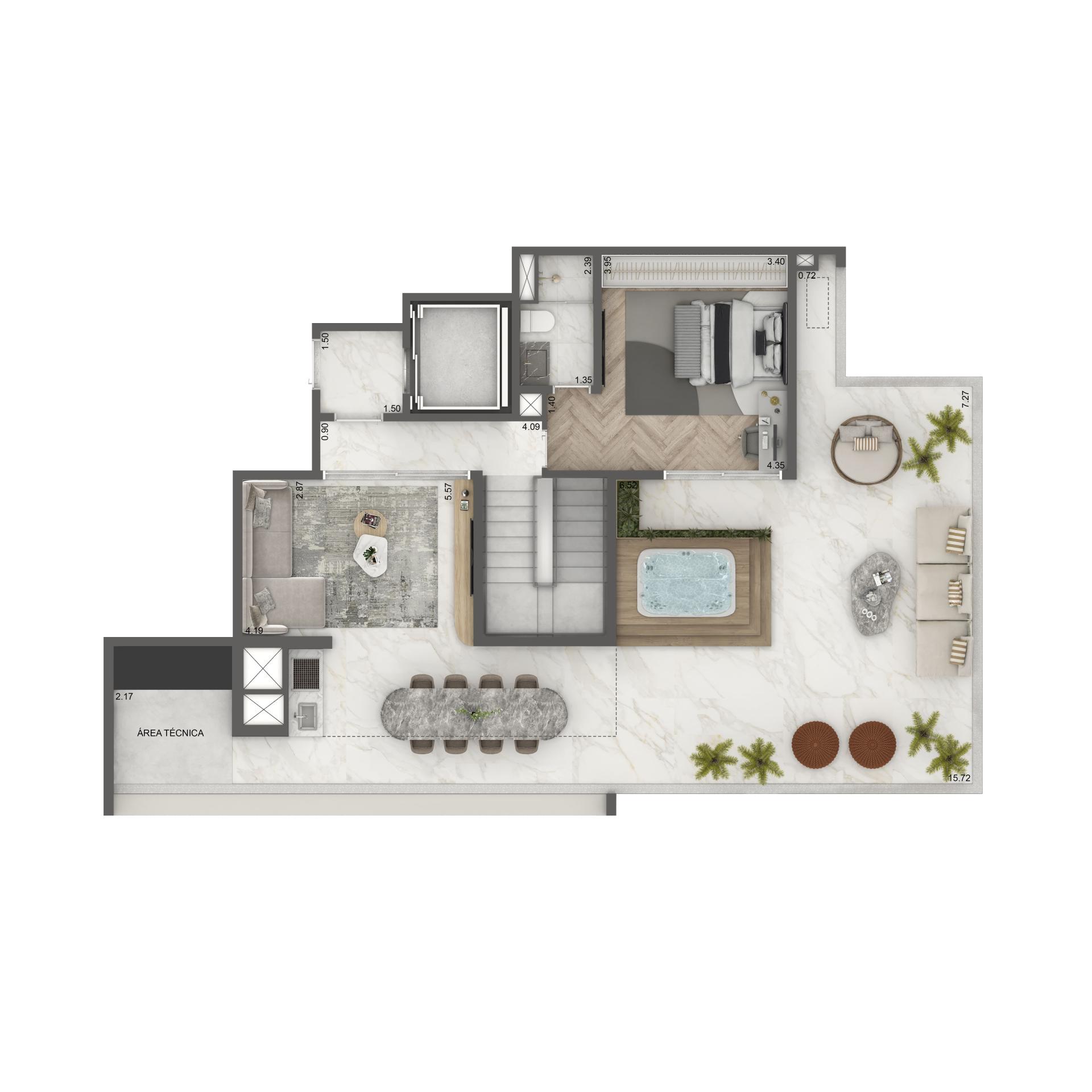 Planta Duplex Superior 265m² | 4 suítes | Cozinha Fechada e Despensa