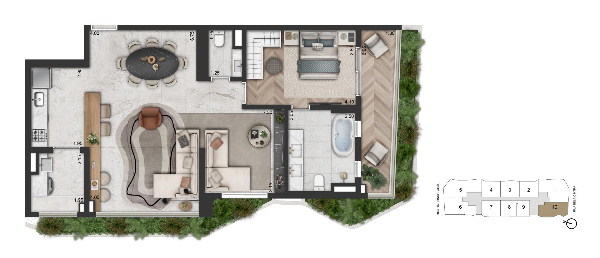 Planta Opção 105 m² | 1 Suíte + Sala Ampliada