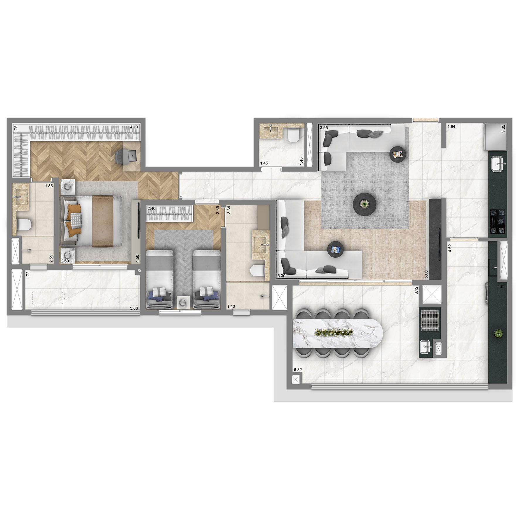 Planta Opção 108 m² | 2 suítes