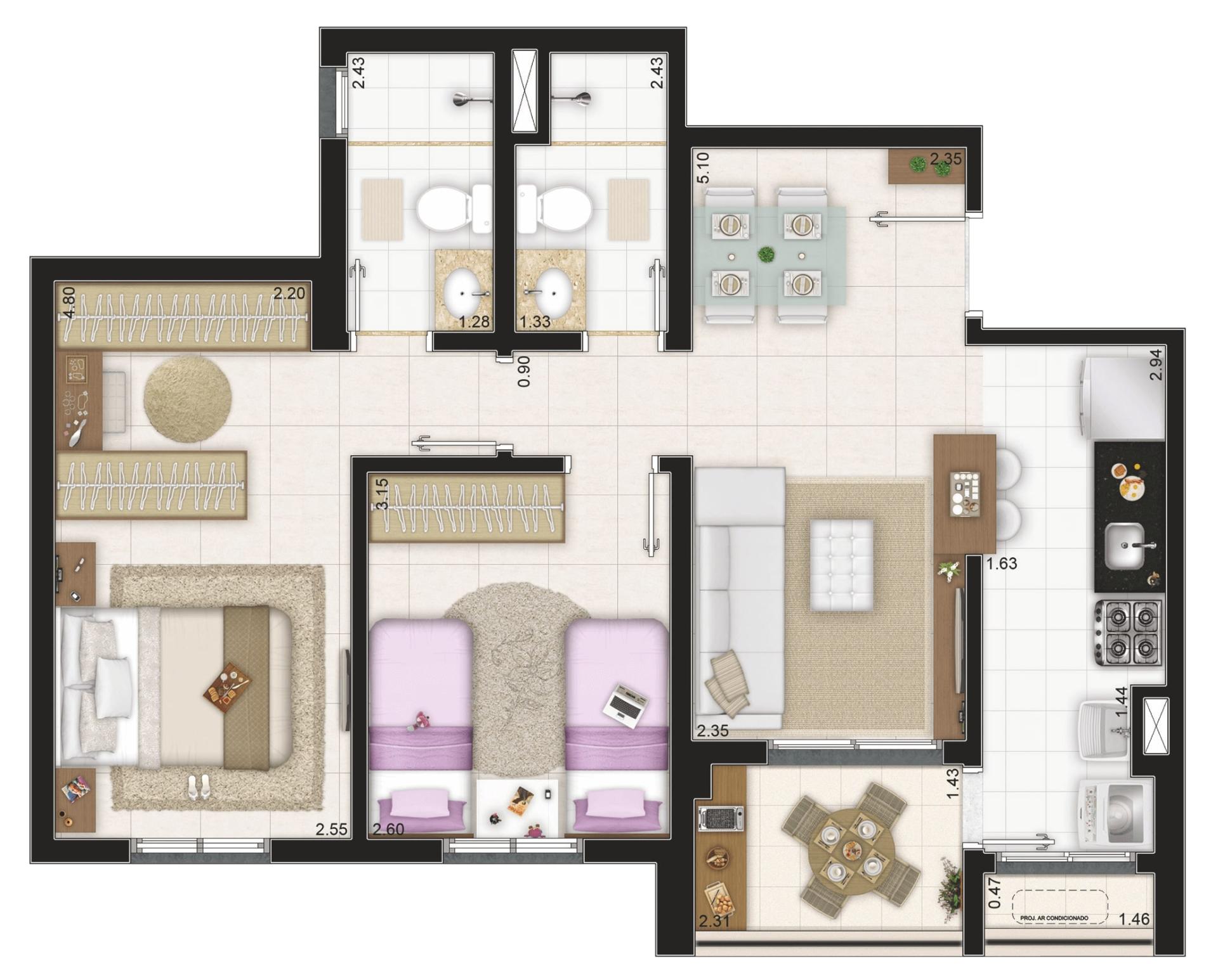 Planta-tipo 63 m² | 2 Dorms (1 suíte)