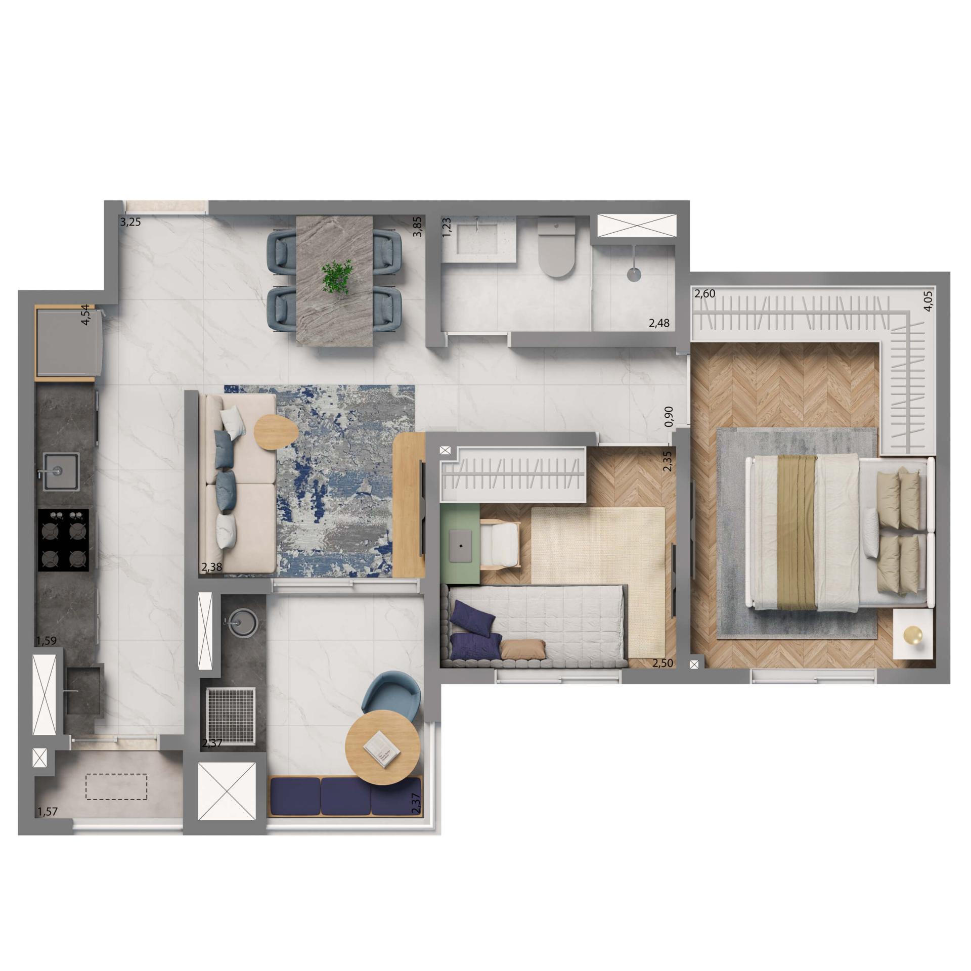 Planta Opção 52m² | 2 dorms. 