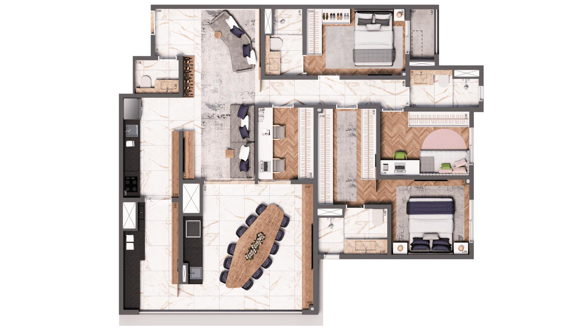 Planta Opção 123 m² | 4 dorms. | 2 suítes