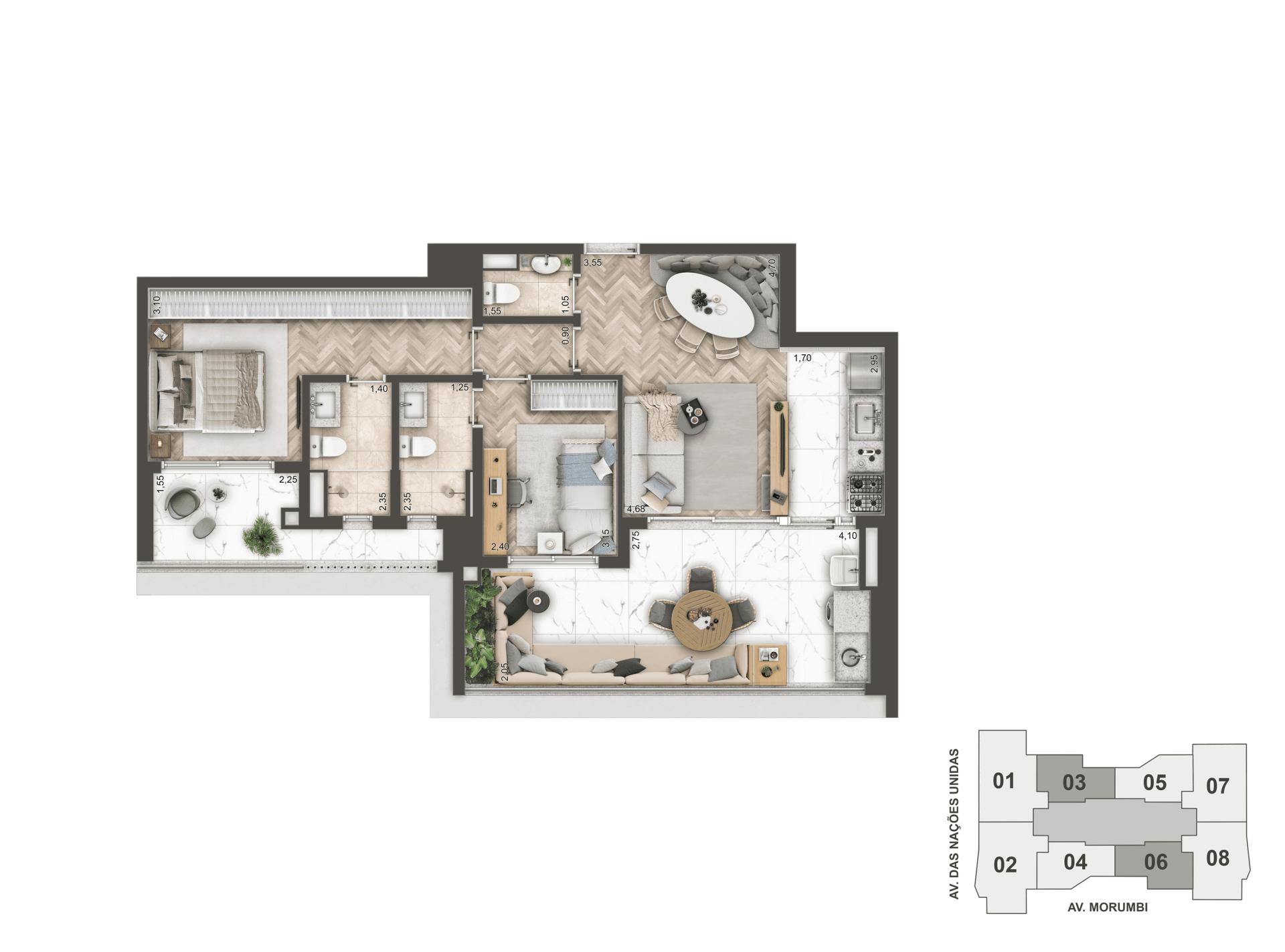 Planta Opção 89m² | 2 Suítes