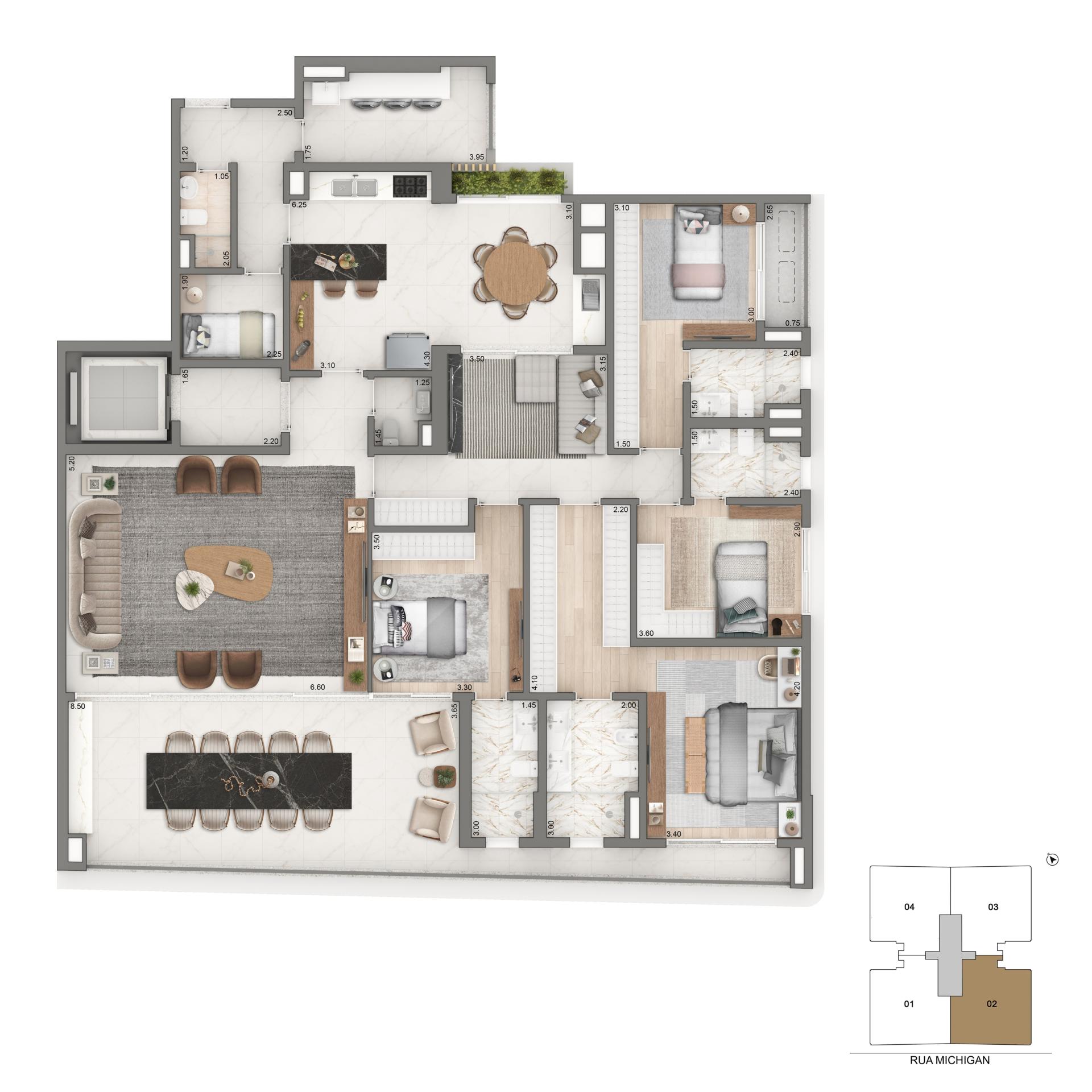 Planta Padrão | 251m² | 4 Suítes + Sala Íntima + Sala de almoço 