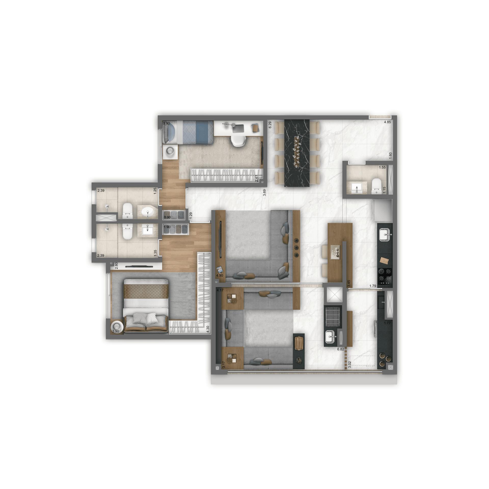 Planta Opção 100 m² | 2 suítes