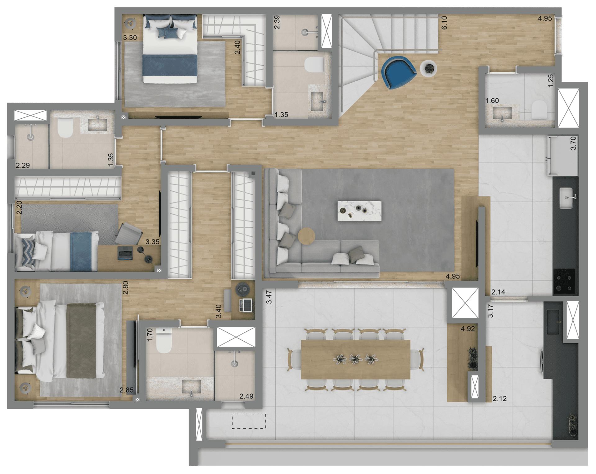 Planta Tipo Duplex Inferior 125 m² | 4 suítes