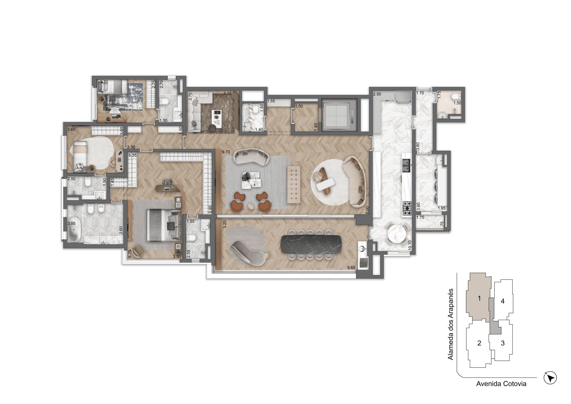 Planta 0pção 253 m² | 3 Dorms (3 suítes) | Torre 1