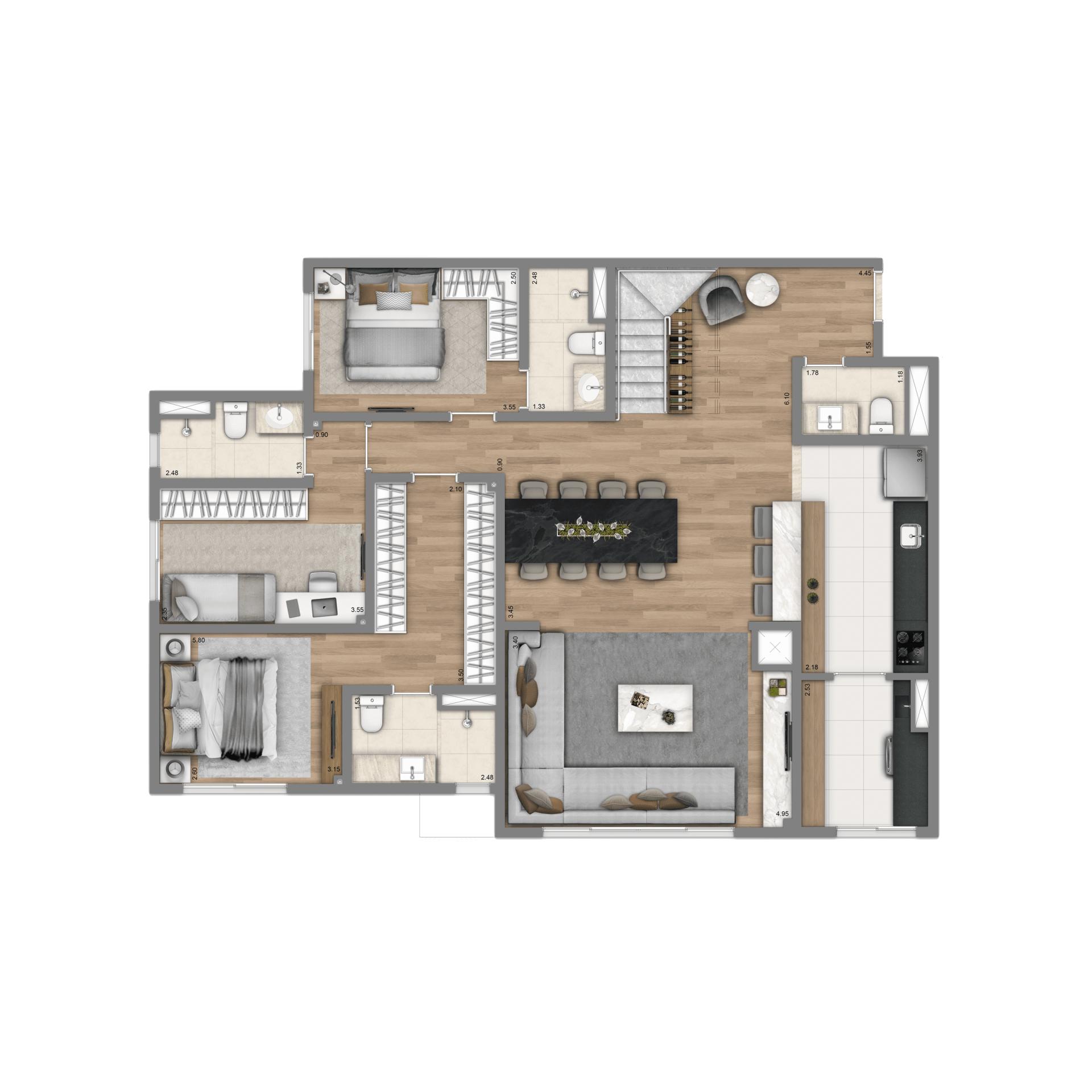 Planta-tipo Duplex 236m² | 3 suítes - Pavimento Inferior