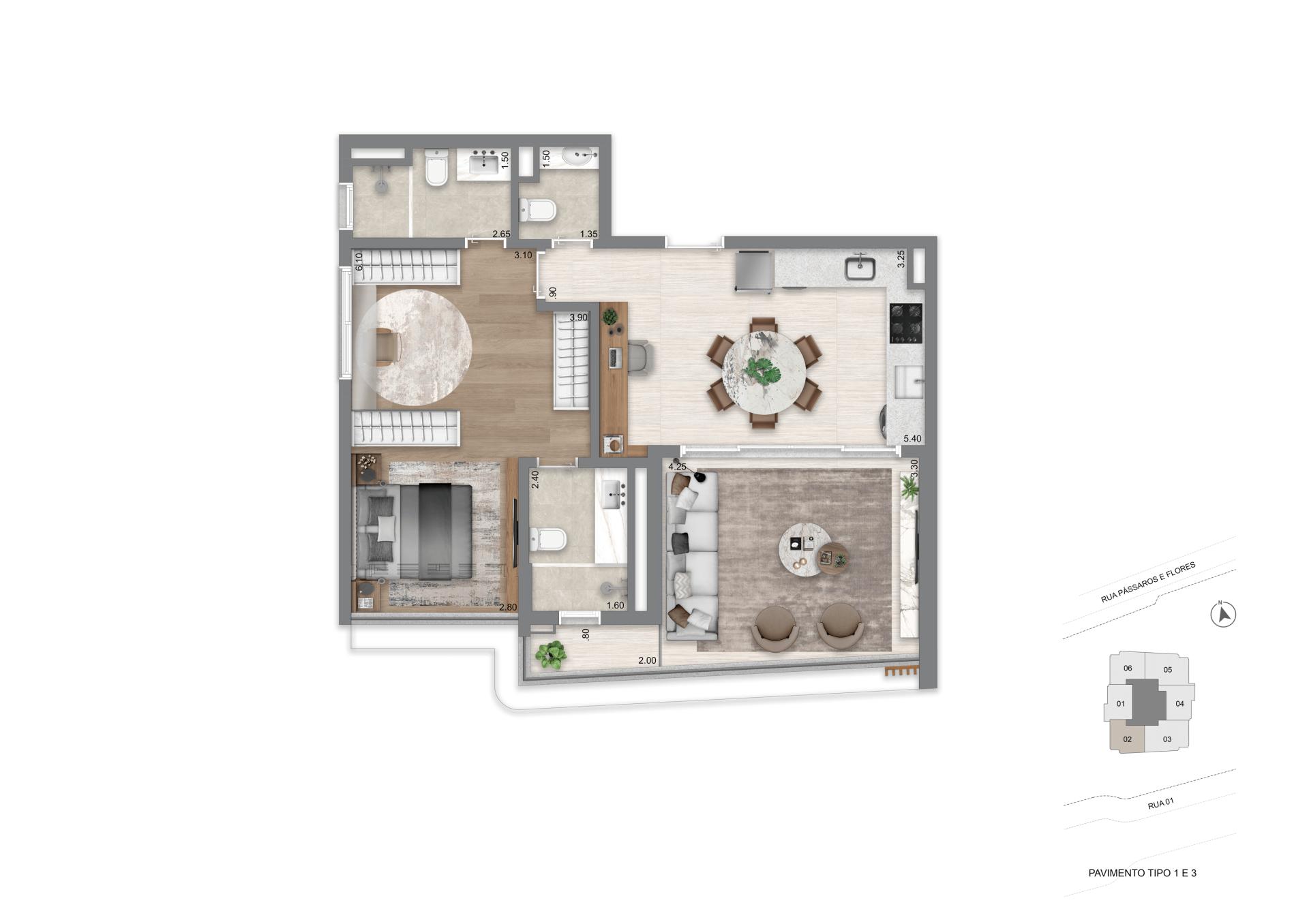 Planta Padrão 76 m² l 1 Suíte Master