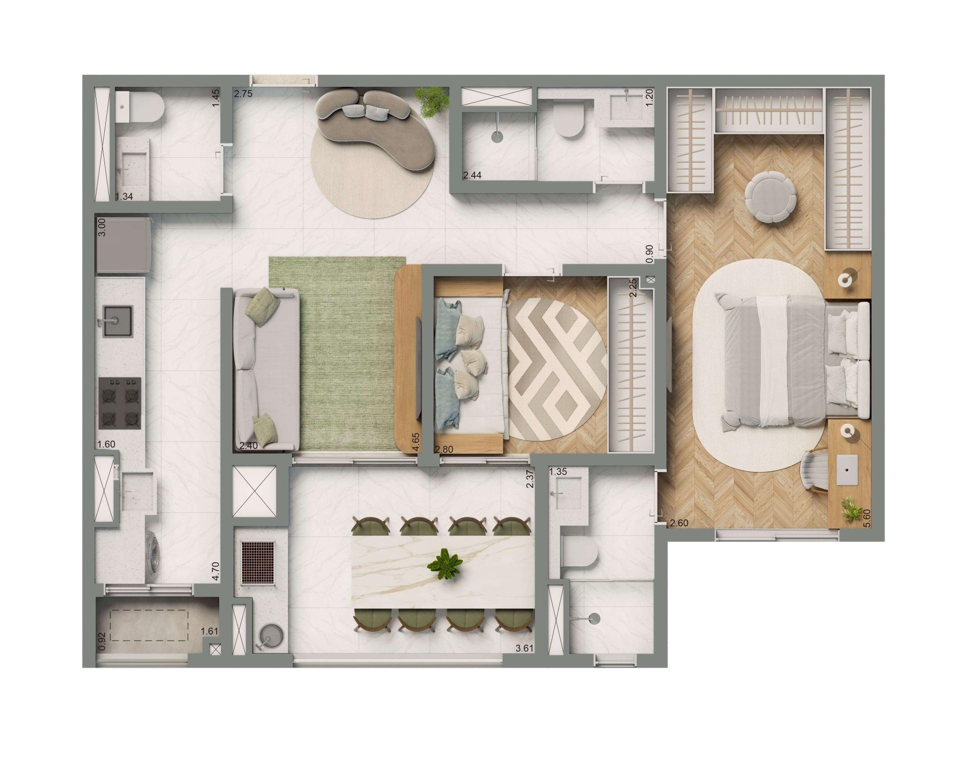 Planta Opção 69m² | 2 dorms. | 1 suíte