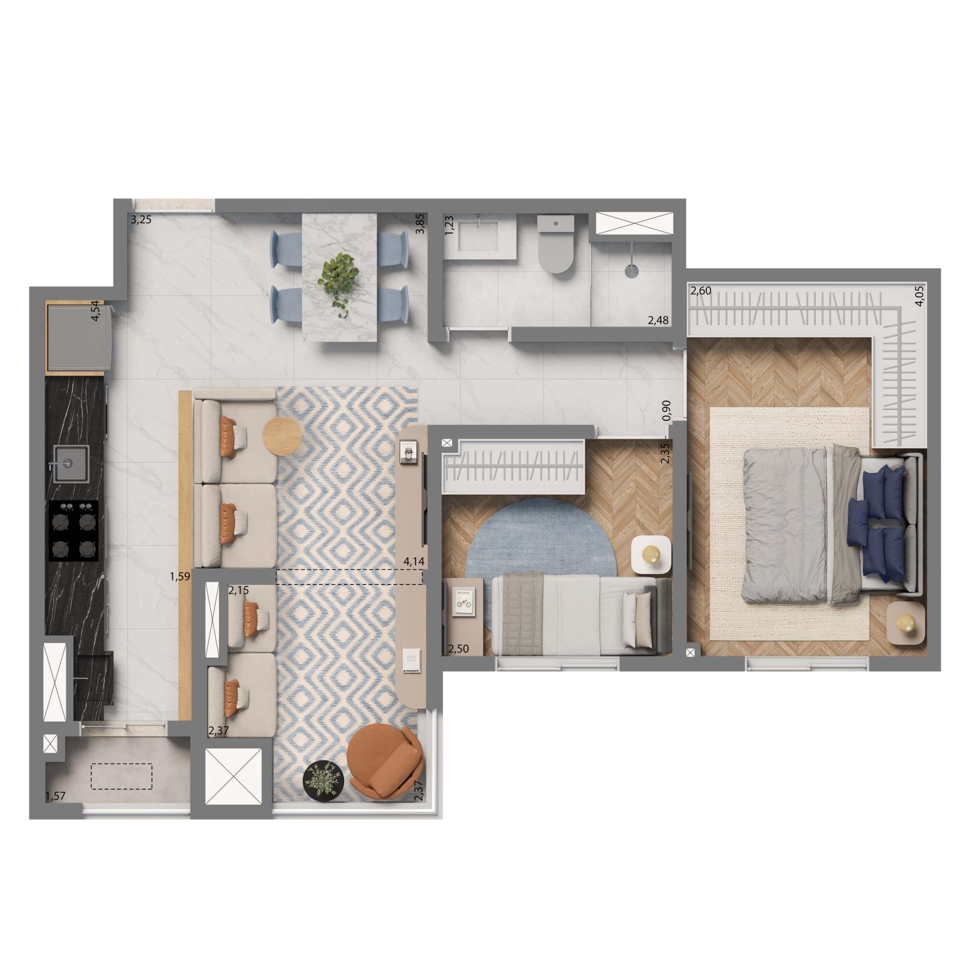 Planta Padrão 52m² | 2 dorms. 