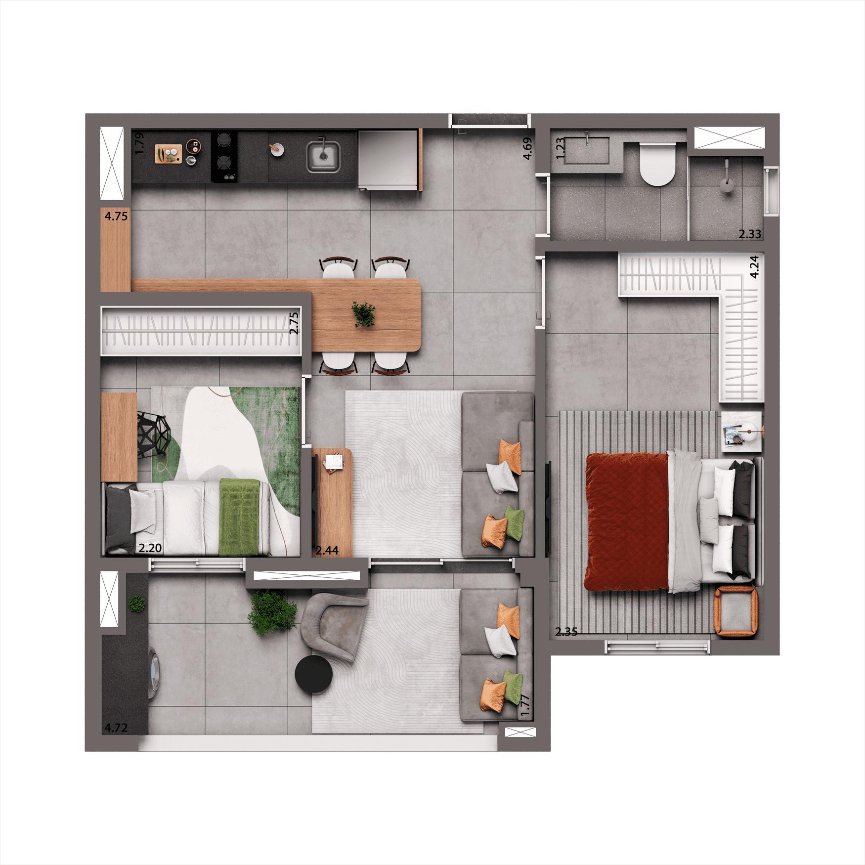 Planta Tipo 49m² | 2 dorms.