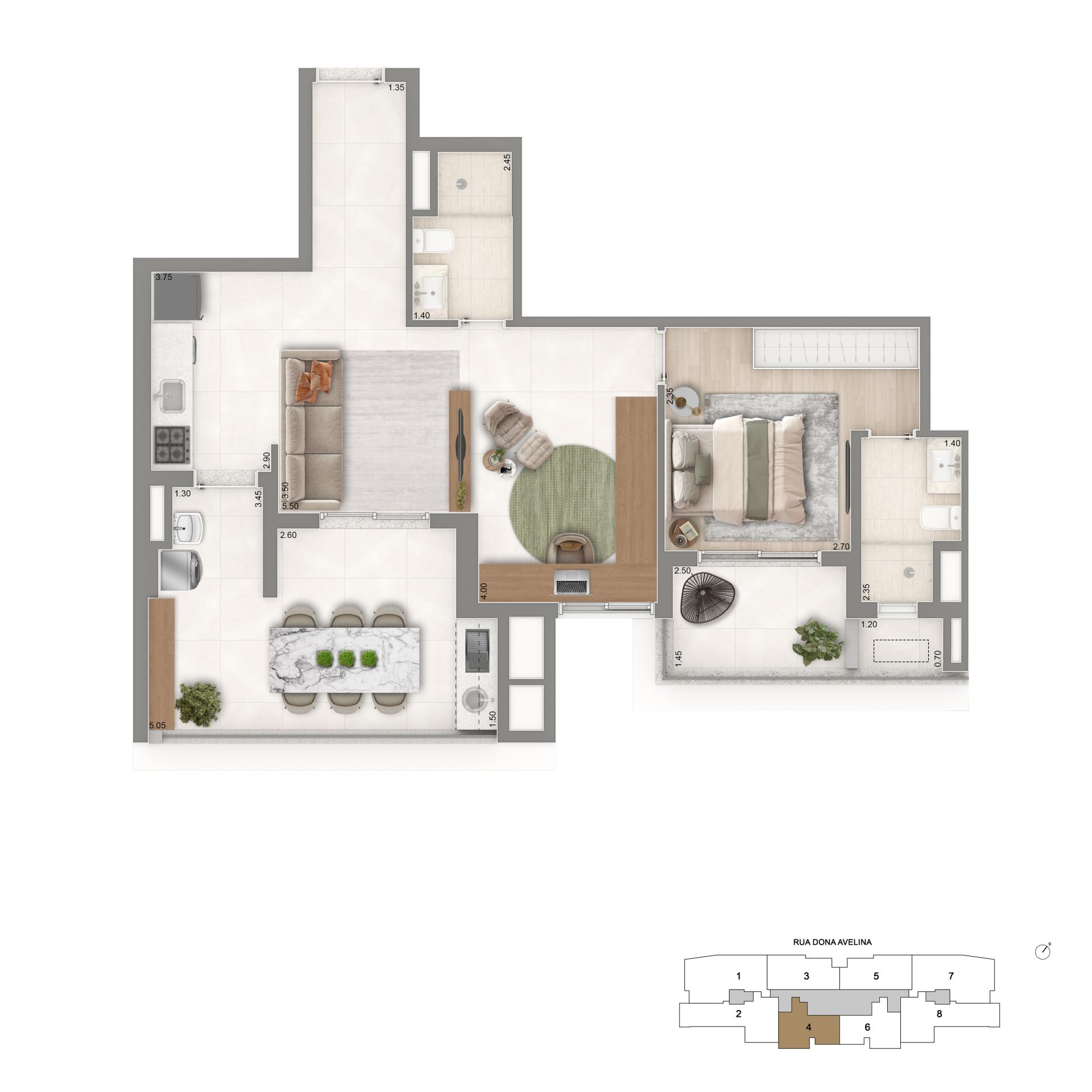 Planta Opção 1 Suíte + Cozinha Aberta | 76m²