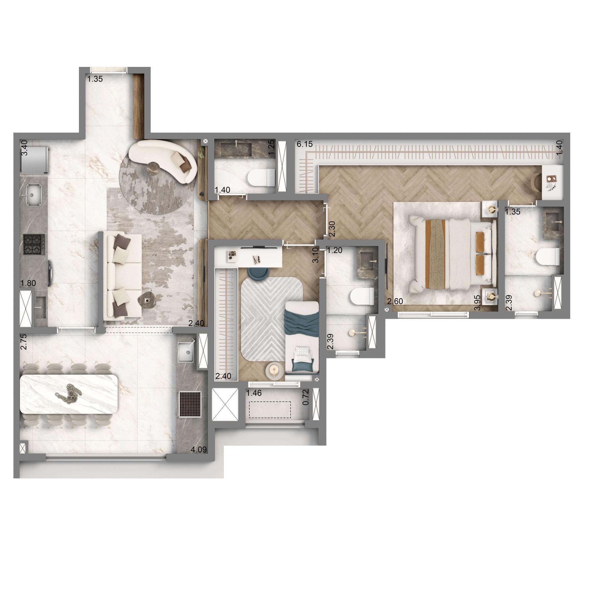 Planta Opção 77m² | 2 Suítes | 1 Vaga
