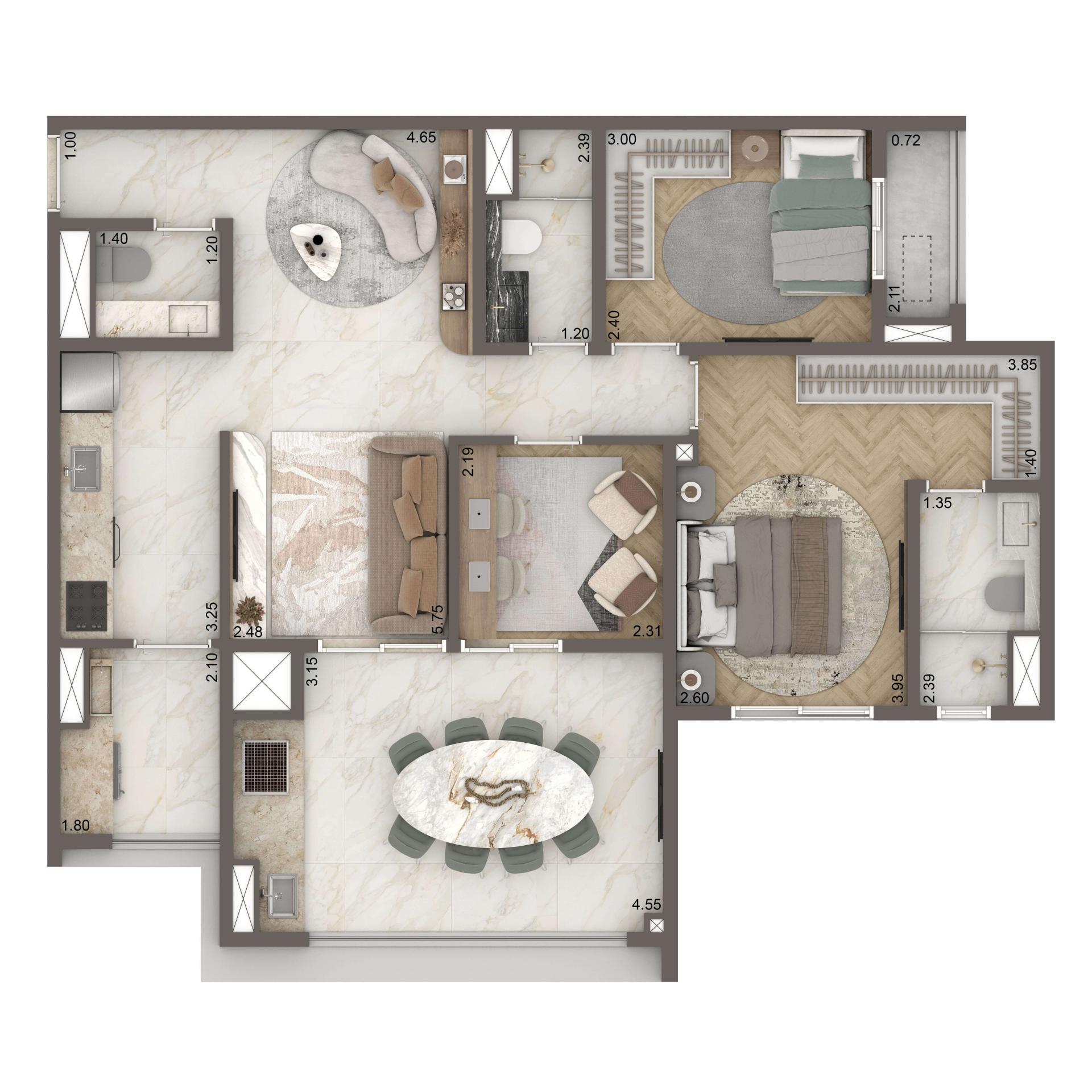 Planta Padrão 88m² | Finais 1 e 2 - Bloco A | 3 dorms. | 1 suíte | 1 vaga