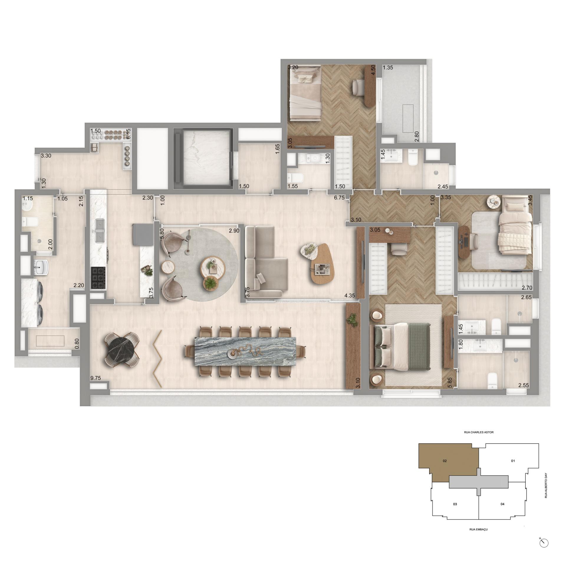 Planta Opção 01 | 170m² | 3 Dorms | Sala Ampliada + Banho Sr. E Sra.