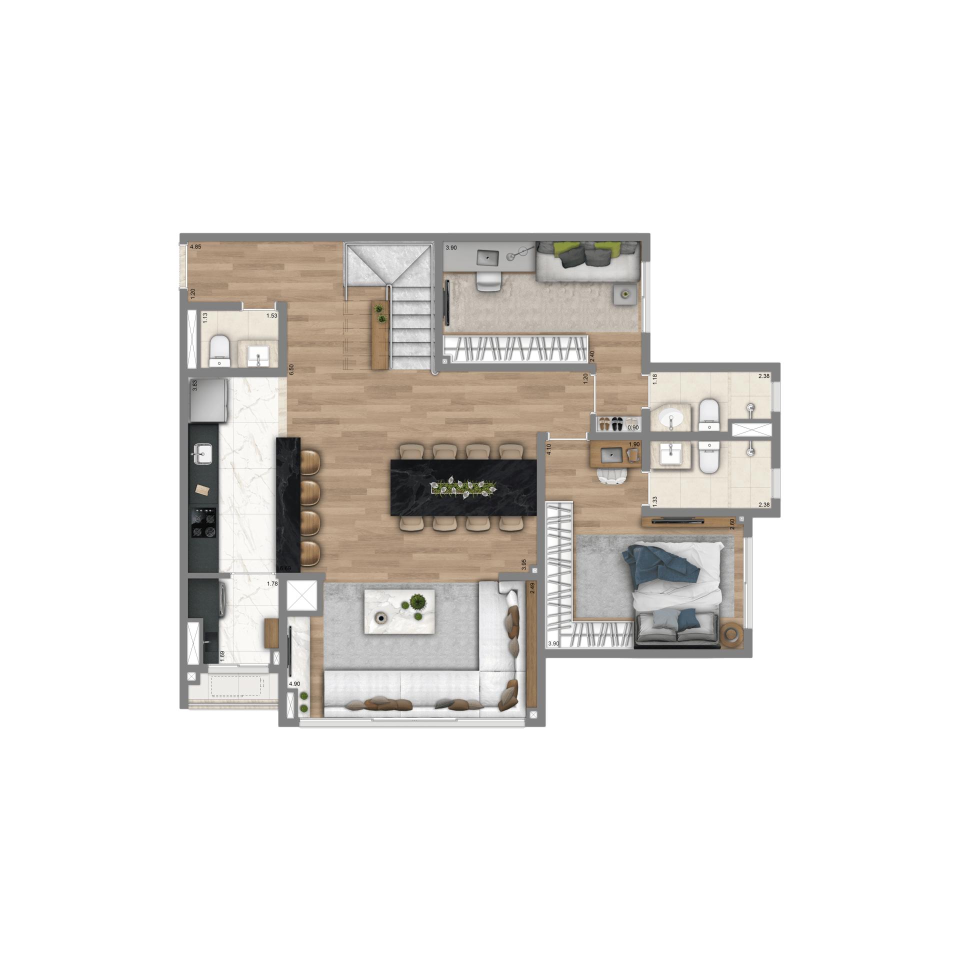 Planta-tipo Duplex 192 m² | 3 suítes - Pavimento Inferior