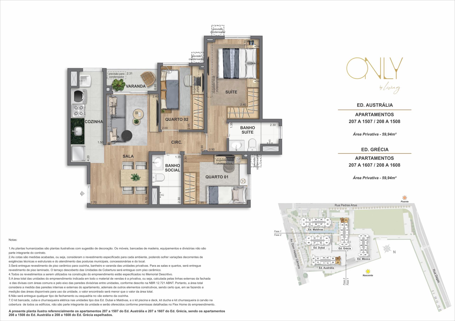 3 Quartos 1 Suíte - Área privativa: 59,94m²