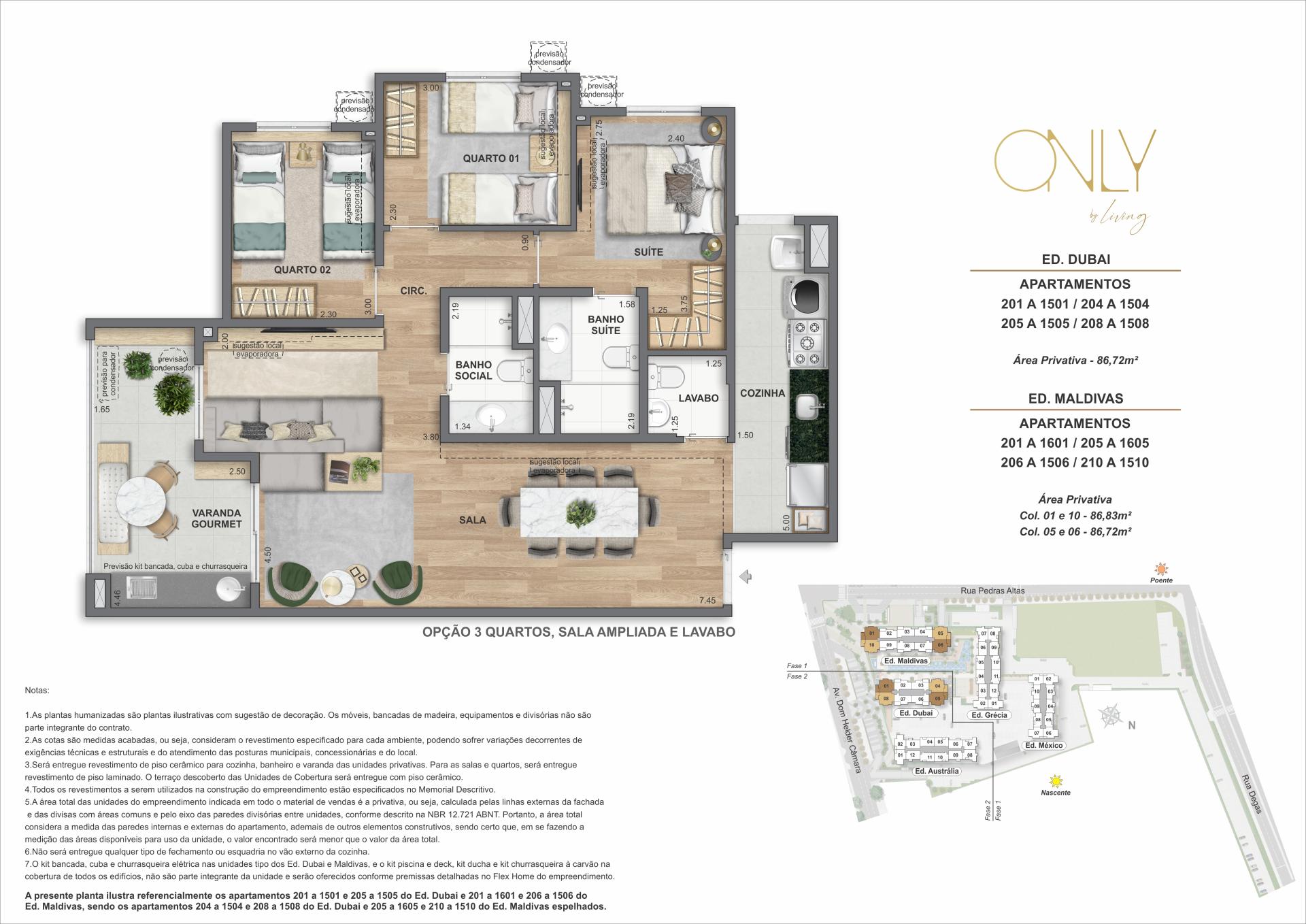 Opção 3 Quartos, Sala Ampliada e Lavabo - Área privativa total: 86,72m² até 86,83m²