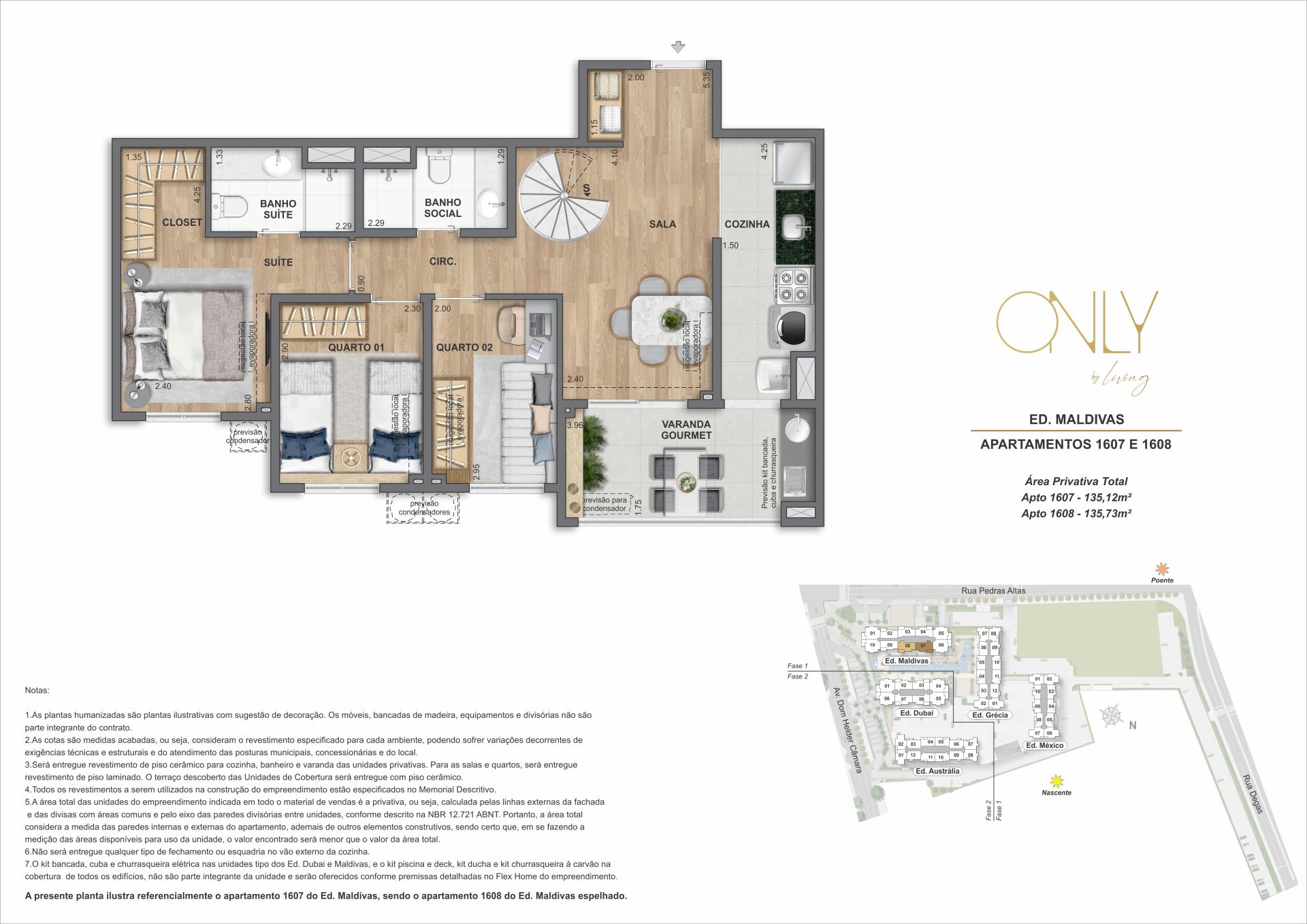 Cobertura Duplex 3 Quartos com Suíte - Pav. Inferior - Área privativa total: 135,12m² até 135,73m²