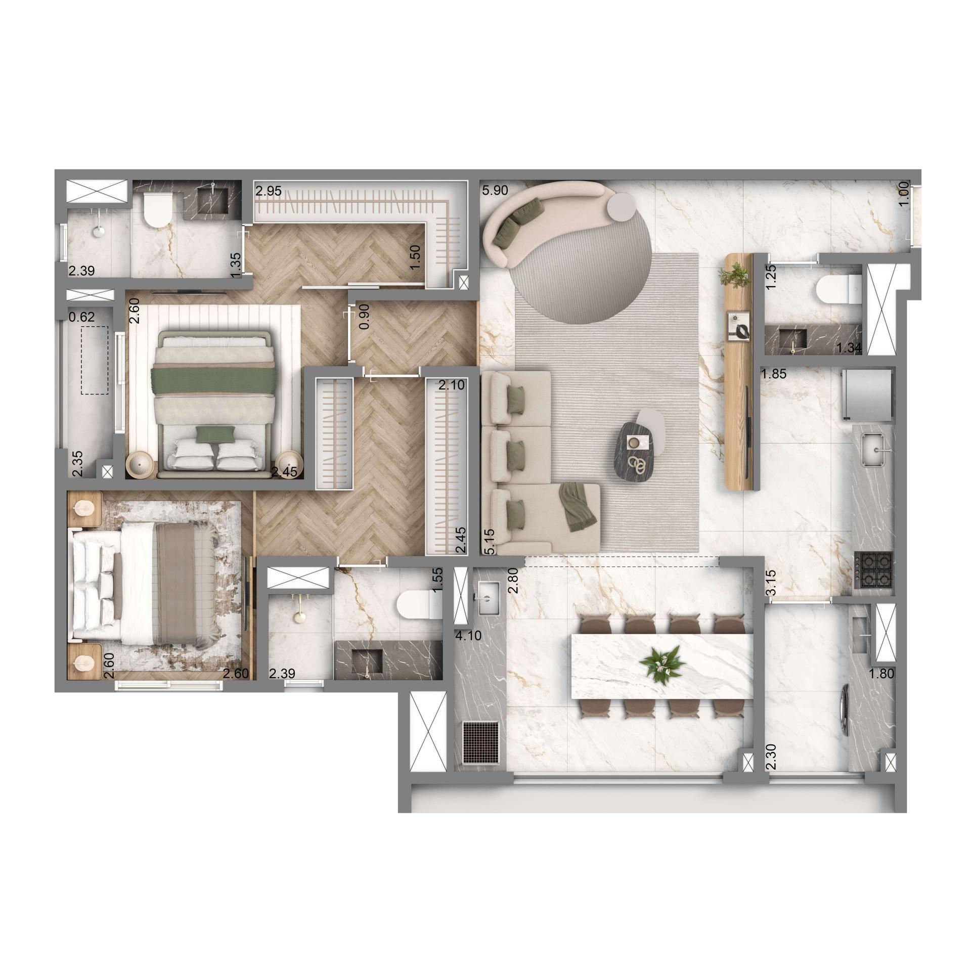 Planta Padrão 88m² | Finais 1B e 2B | 2 Suítes | 1 Vaga