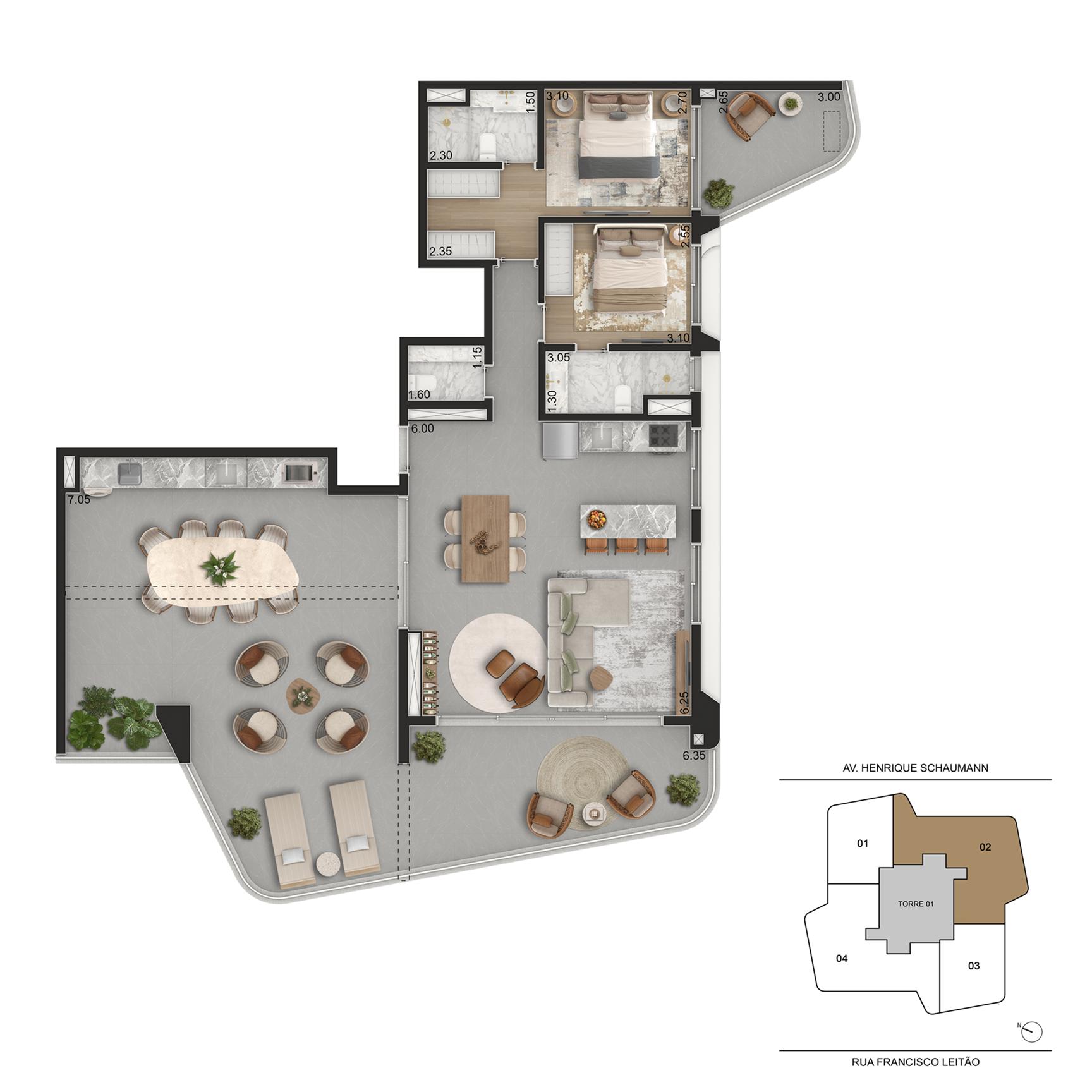 PLANTA PADRÃO 14º PAVIMENTO 166m² - 2 suítes