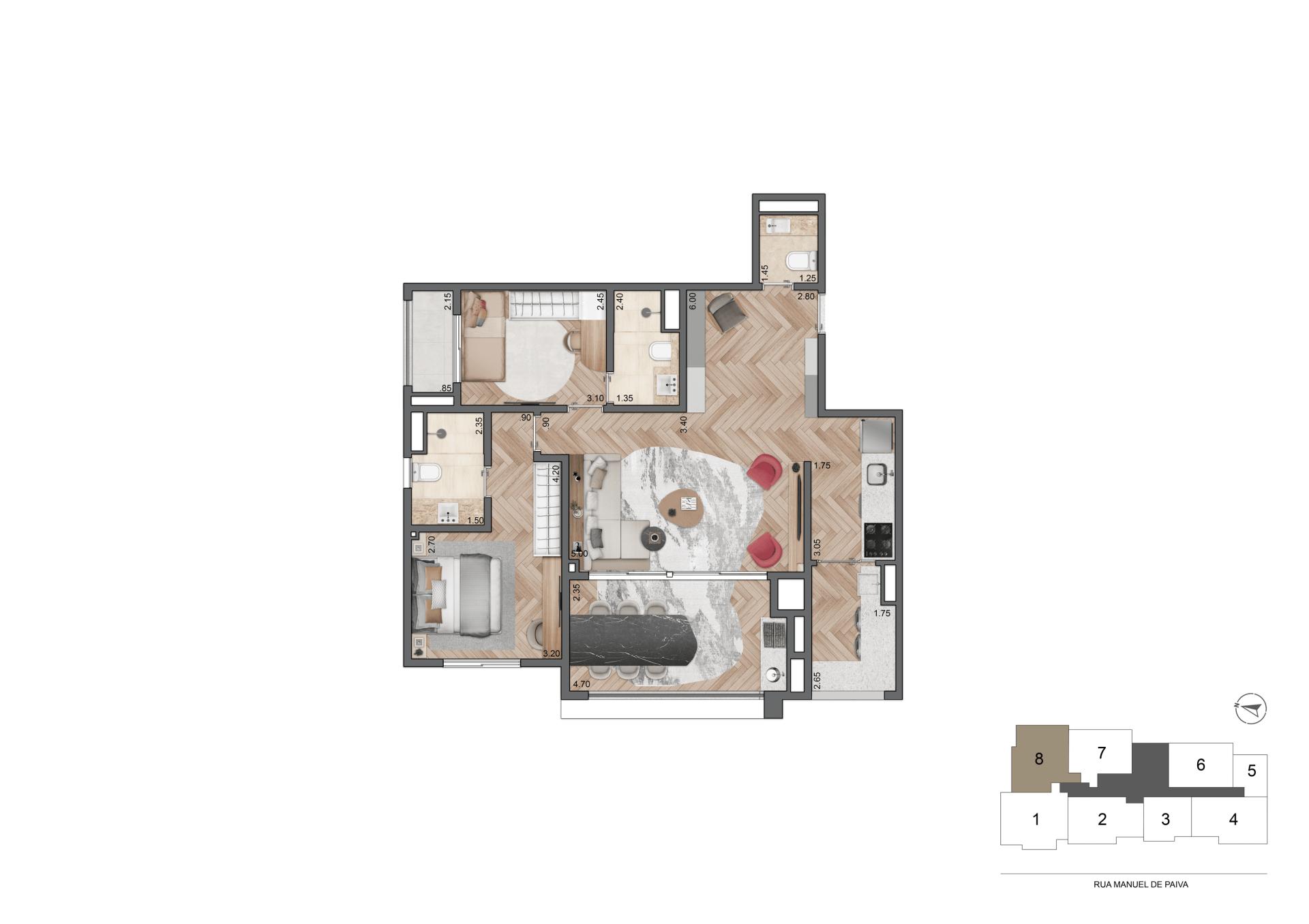 Planta Opção 87 m²  | 2 Suítes
