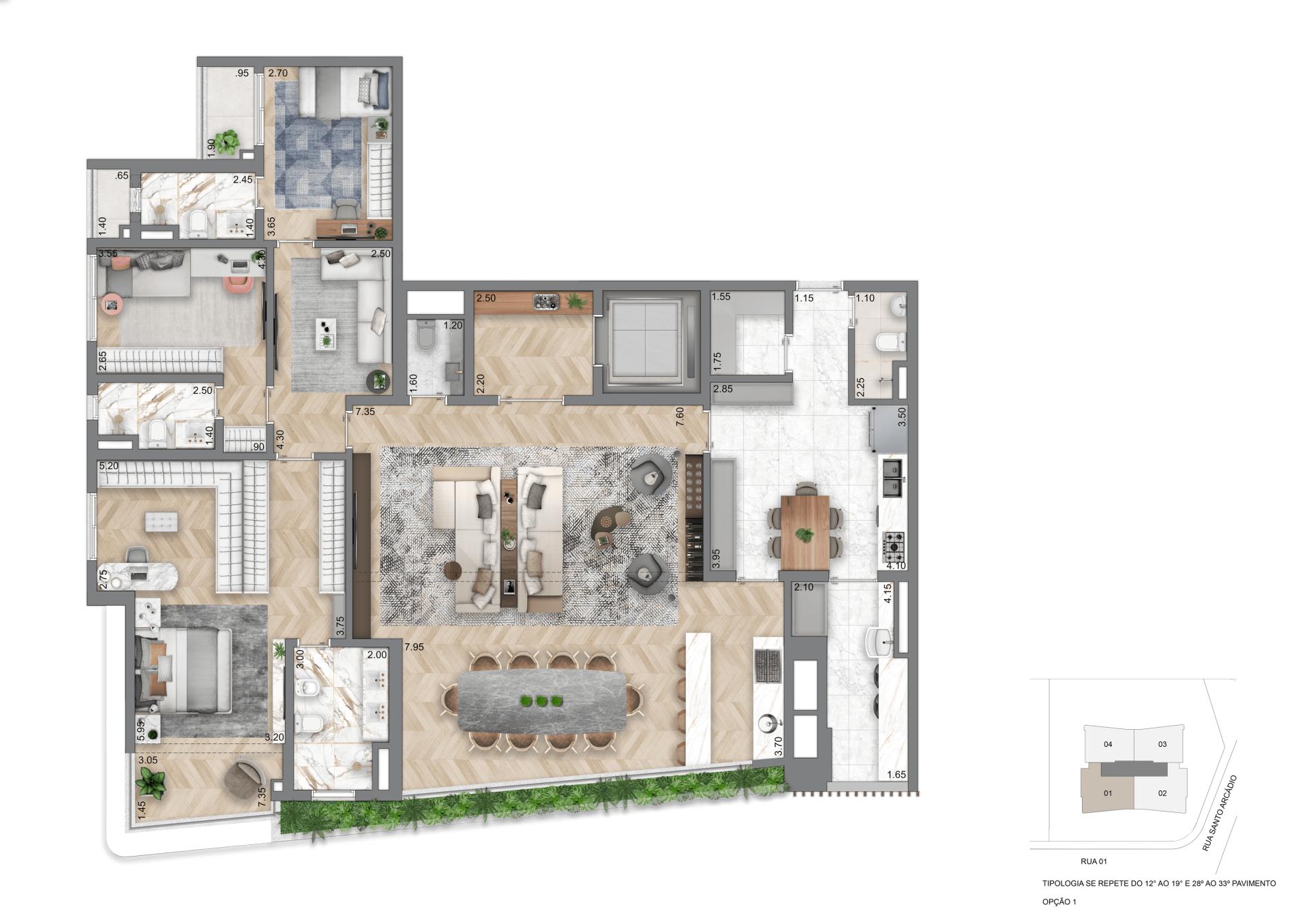 Planta Opção I - 208 m² | 4 Dorms (2 Suítes)
