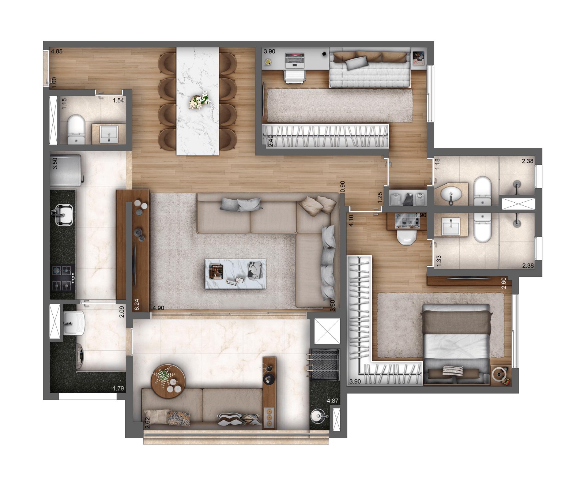 Planta Tipo 93m² | 2 Suítes