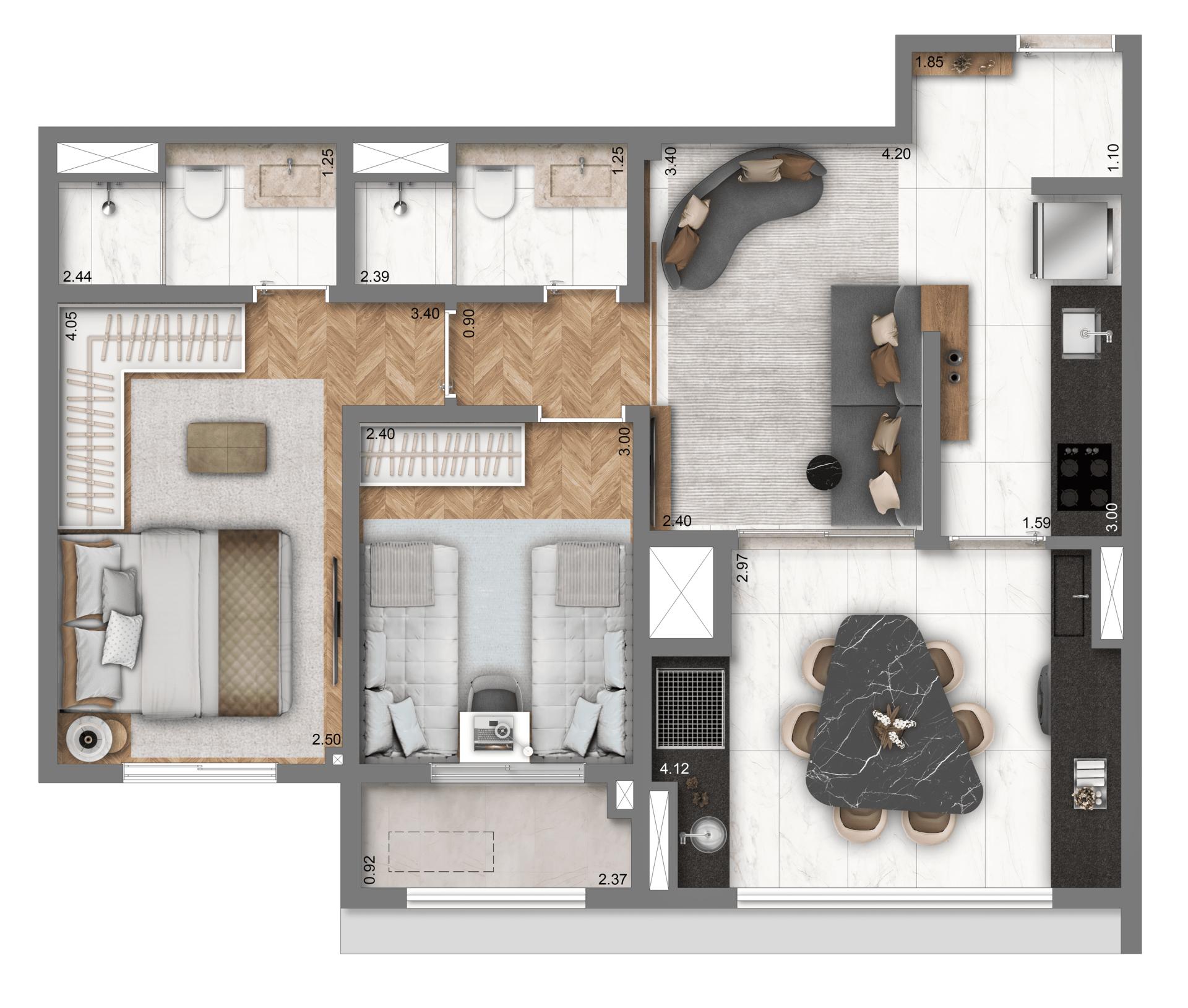 Planta Padrão 63 m² | 2 dorms. | 1 suíte