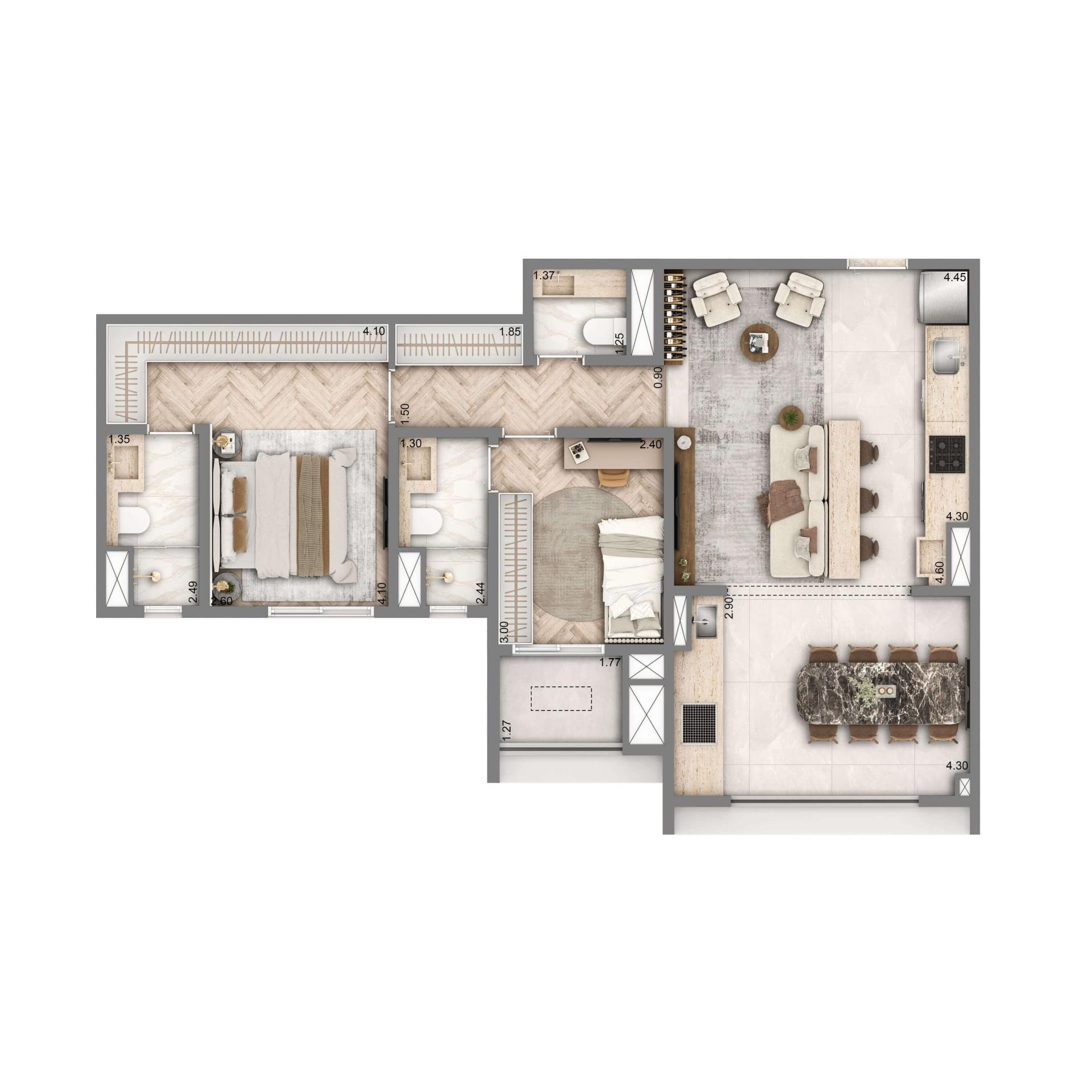 Planta Opção 76m² | 2 suítes | 1 vaga