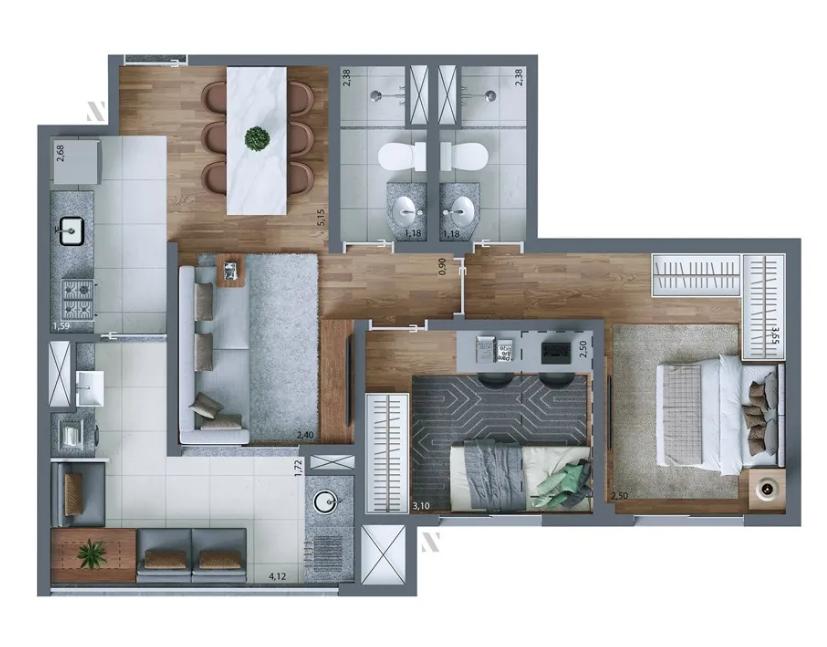 Planta Tipo 59 m² | 2 dorms. | 1 suíte