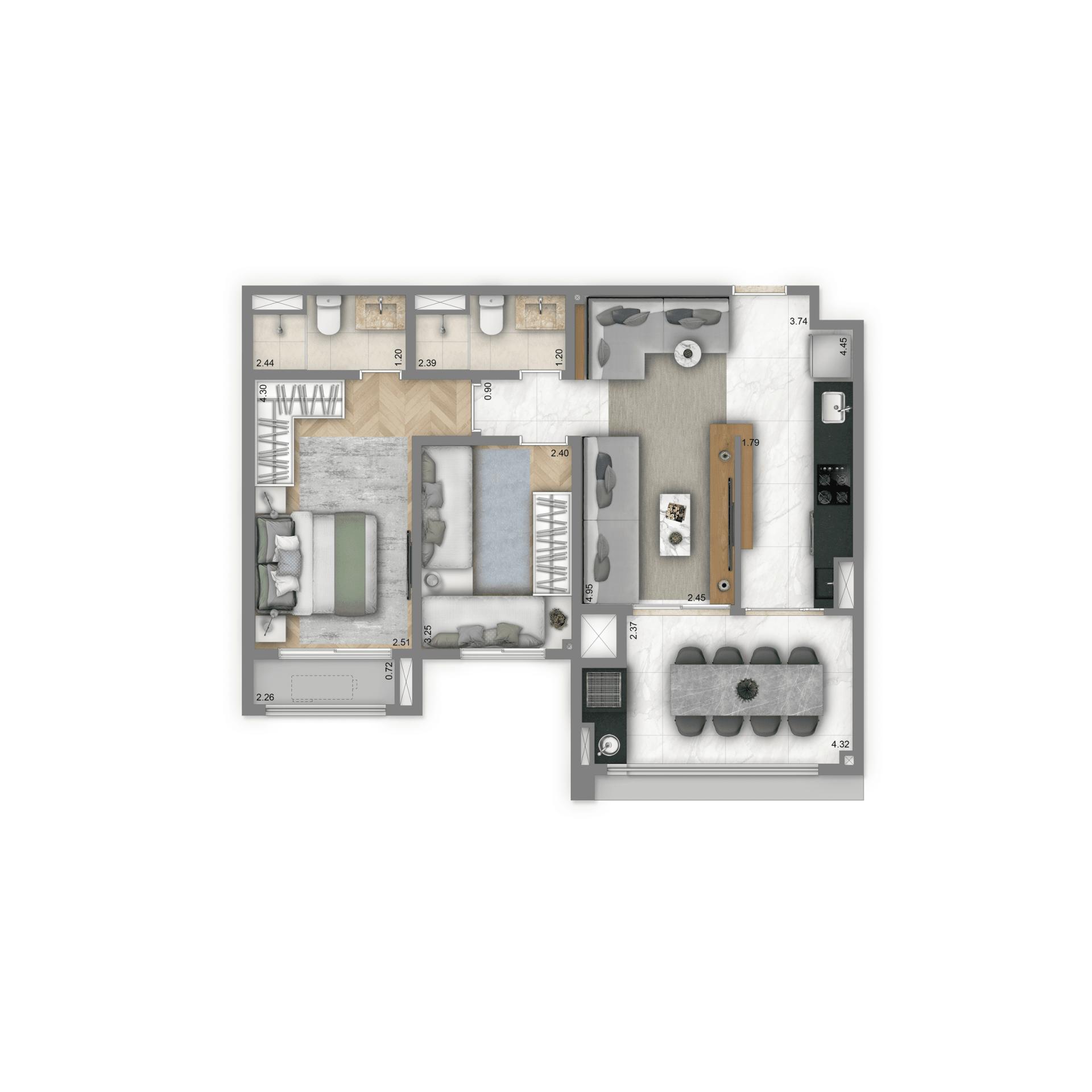 Planta Tipo 67 m² | 2 dorms. | 1 suíte