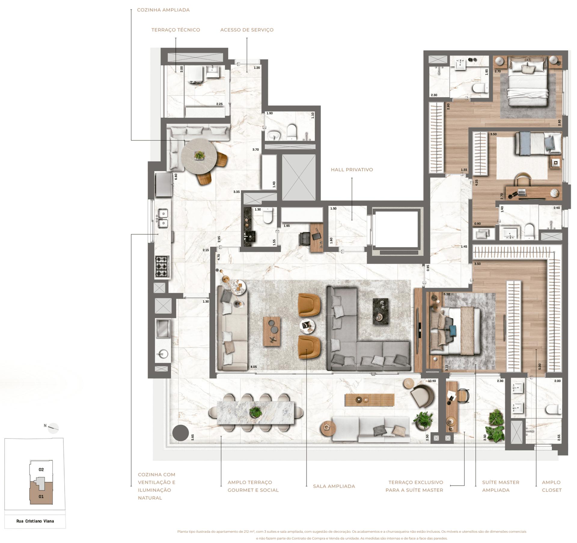 Planta Opção 212 m² | 3 suítes | Sala Ampliada