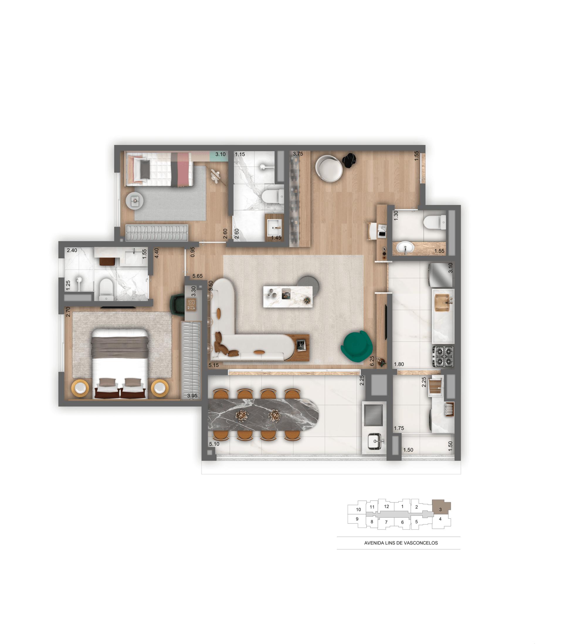 Planta Opção 89 m² | 2 Suítes